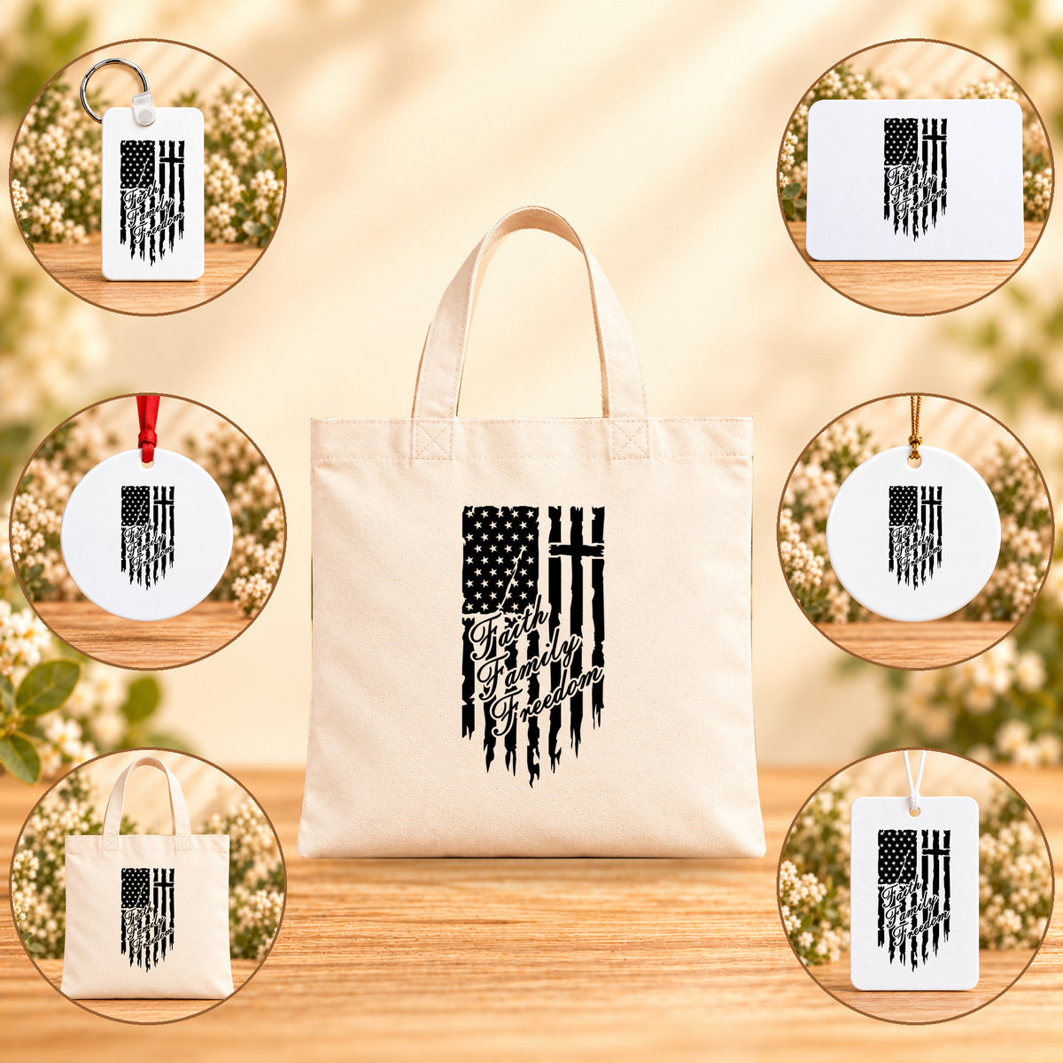 One Nation Under God Faith Family Freedom - all six accessory options, Beige Canvas Tote Bag featured