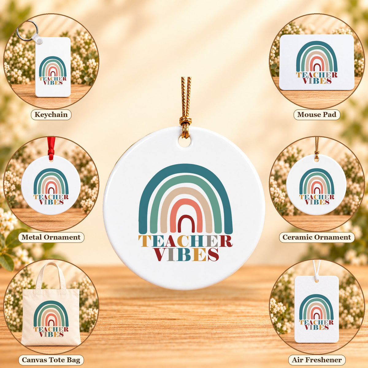 Teacher Vibes Retro Rainbow - all six accessory options, Round Ceramic Ornament featured