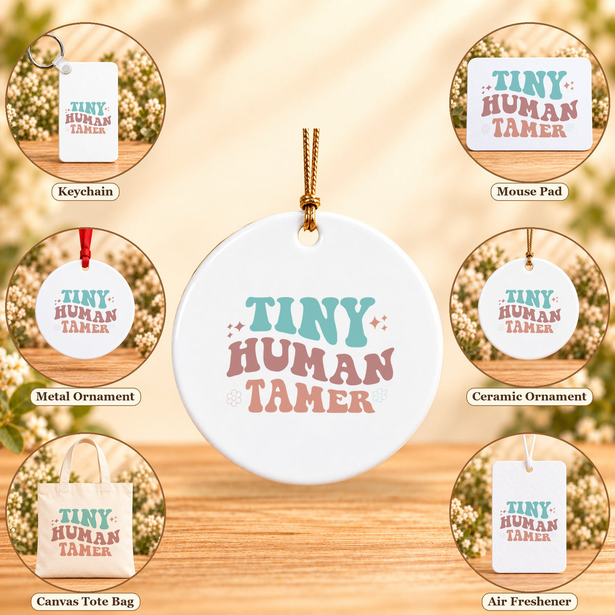 Tiny Human Tamer - all six accessory options, Round Ceramic Ornament featured