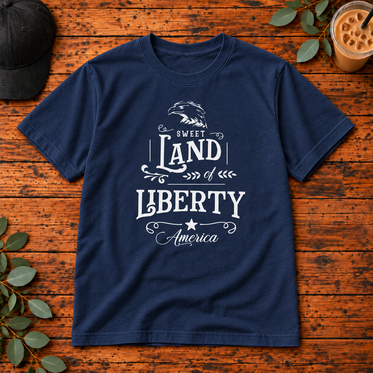 Sweet Land of Liberty on 1717 — Navy — single garment on rustic wood