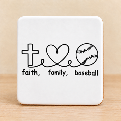 Faith Family Baseball — Square Ceramic Coaster