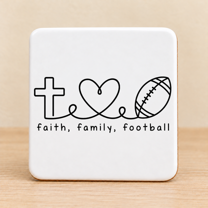 Faith Family Football — Square Ceramic Coaster