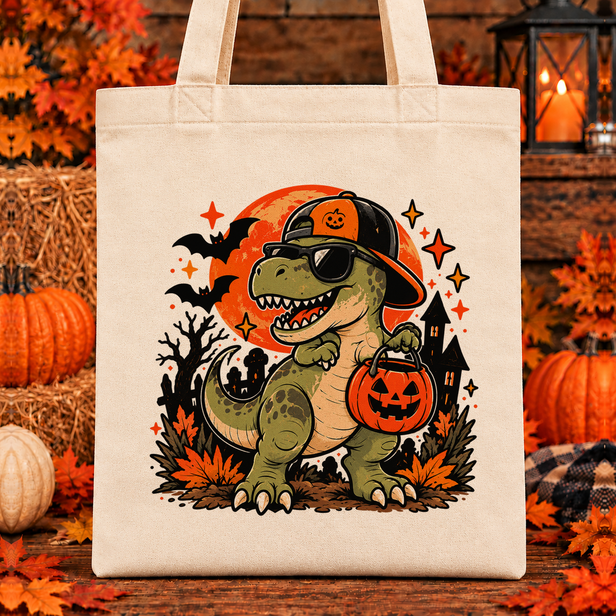 Halloween and Fall Tote Bags - Cool Dinosaur design — 13 x 15 inch canvas tote; 11 inch artwork lowered to leave room for an optional name above