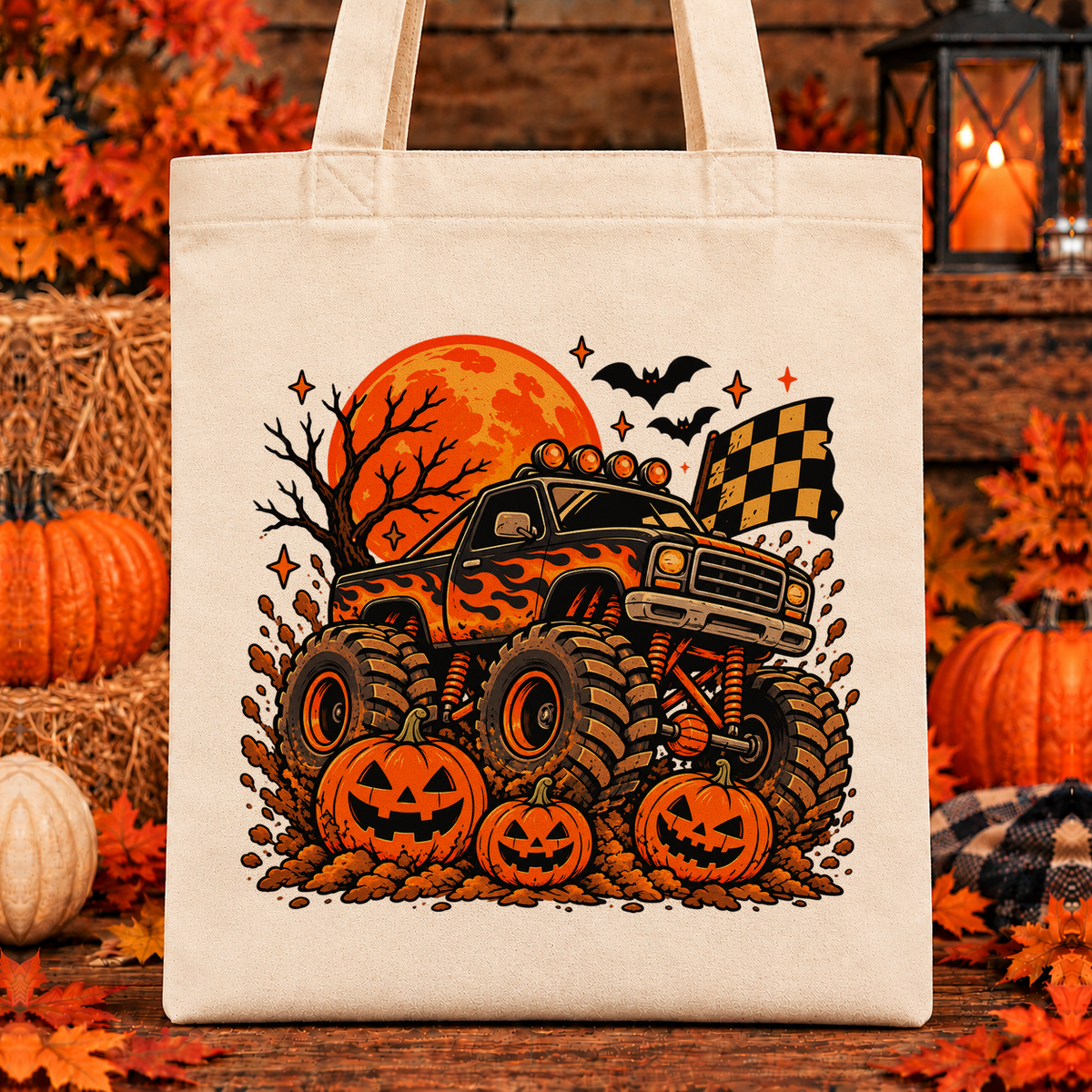 Halloween and Fall Tote Bags - Monster Truck design — 13 x 15 inch canvas tote; 11 inch artwork lowered to leave room for an optional name above