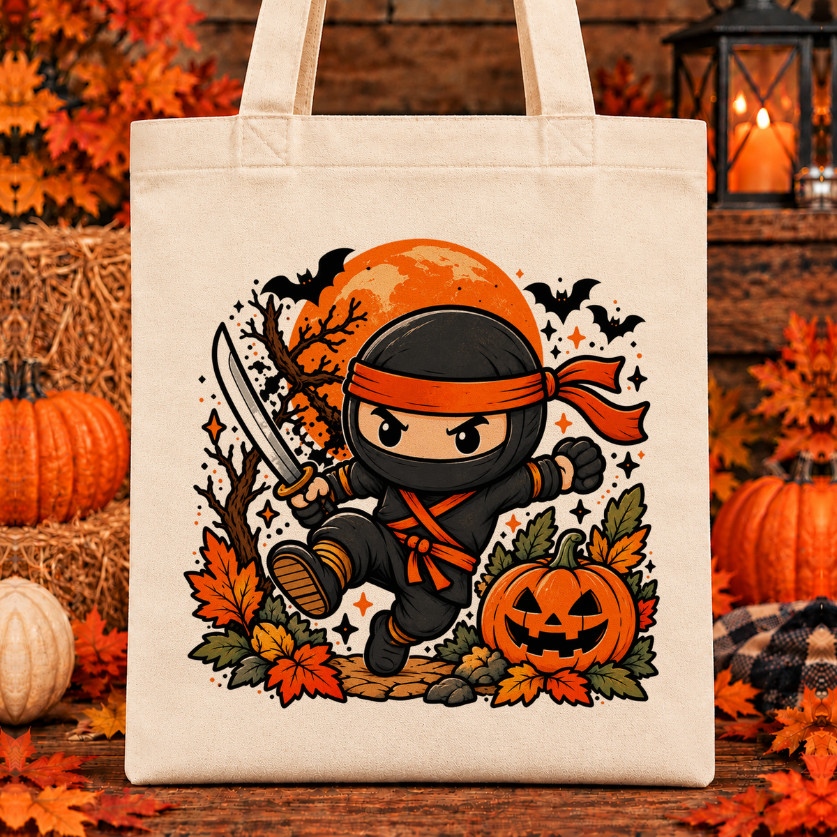 Halloween and Fall Tote Bags - Halloween Ninja design — 13 x 15 inch canvas tote; 11 inch artwork lowered to leave room for an optional name above