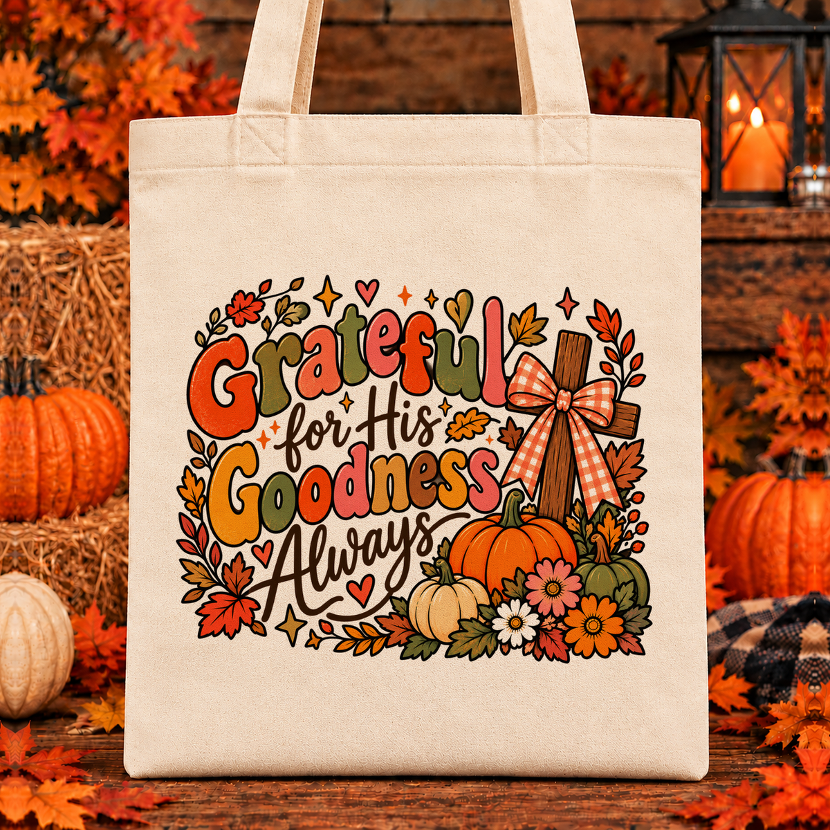 Halloween and Fall Tote Bags - Grateful for His Goodness design — 13 x 15 inch canvas tote; 11 inch artwork lowered to leave room for an optional name above