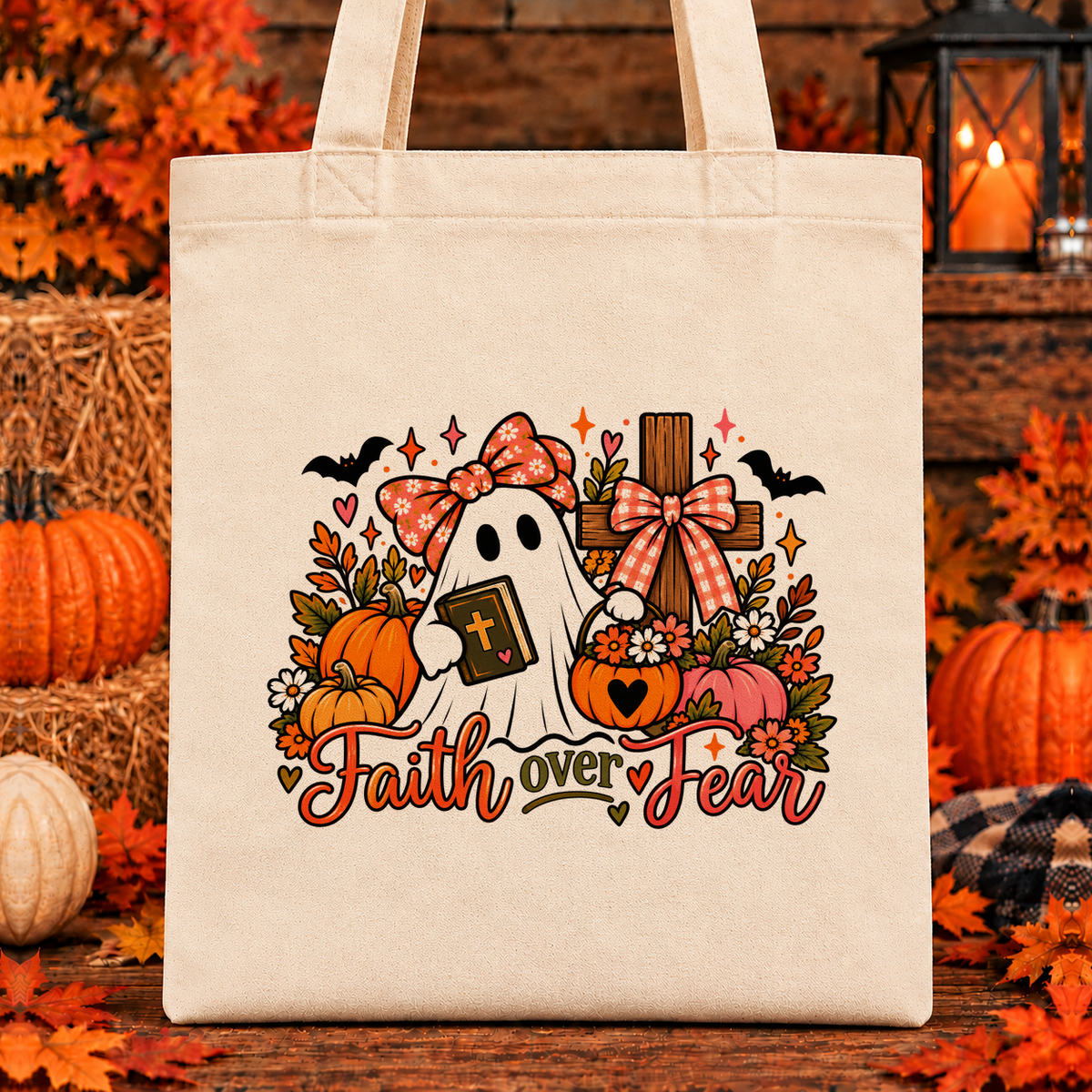 Halloween and Fall Tote Bags - Faith Over Fear design — 13 x 15 inch canvas tote; 11 inch artwork lowered to leave room for an optional name above