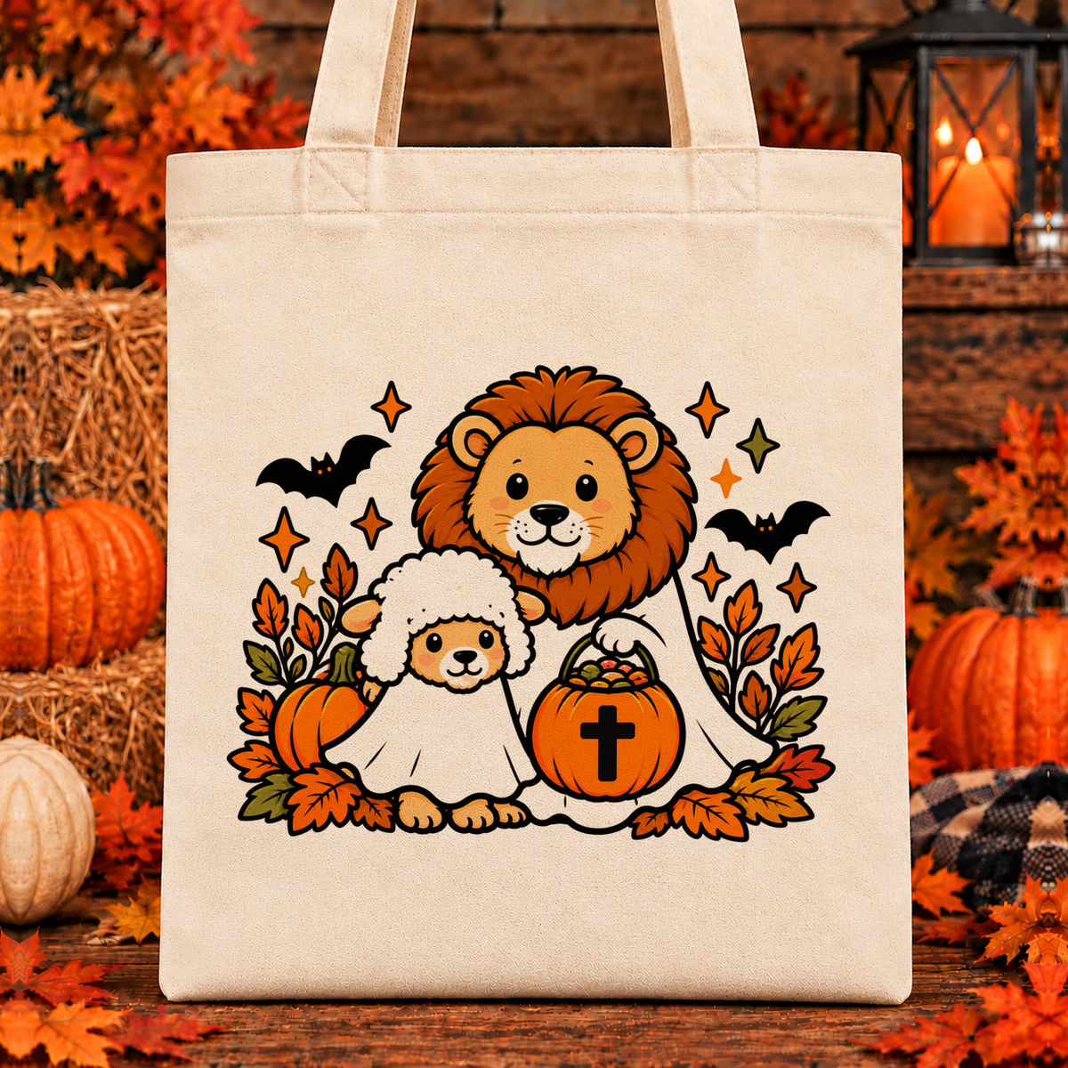 Halloween and Fall Tote Bags - Lion and Lamb design — 13 x 15 inch canvas tote; 11 inch artwork lowered to leave room for an optional name above