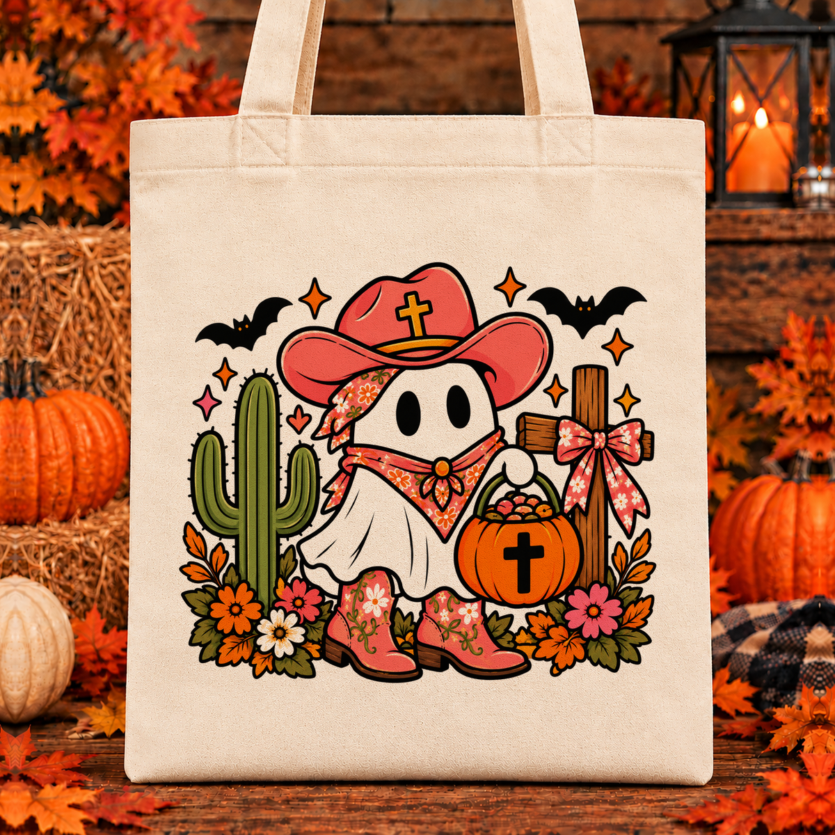 Halloween and Fall Tote Bags - Faith Cowgirl Ghost design — 13 x 15 inch canvas tote; 11 inch artwork lowered to leave room for an optional name above