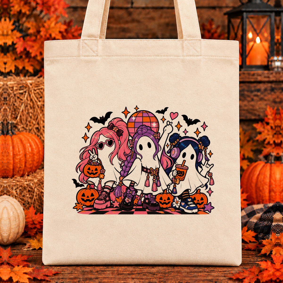 Halloween and Fall Tote Bags - Ghost Girl Trio design — 13 x 15 inch canvas tote; 11 inch artwork lowered to leave room for an optional name above