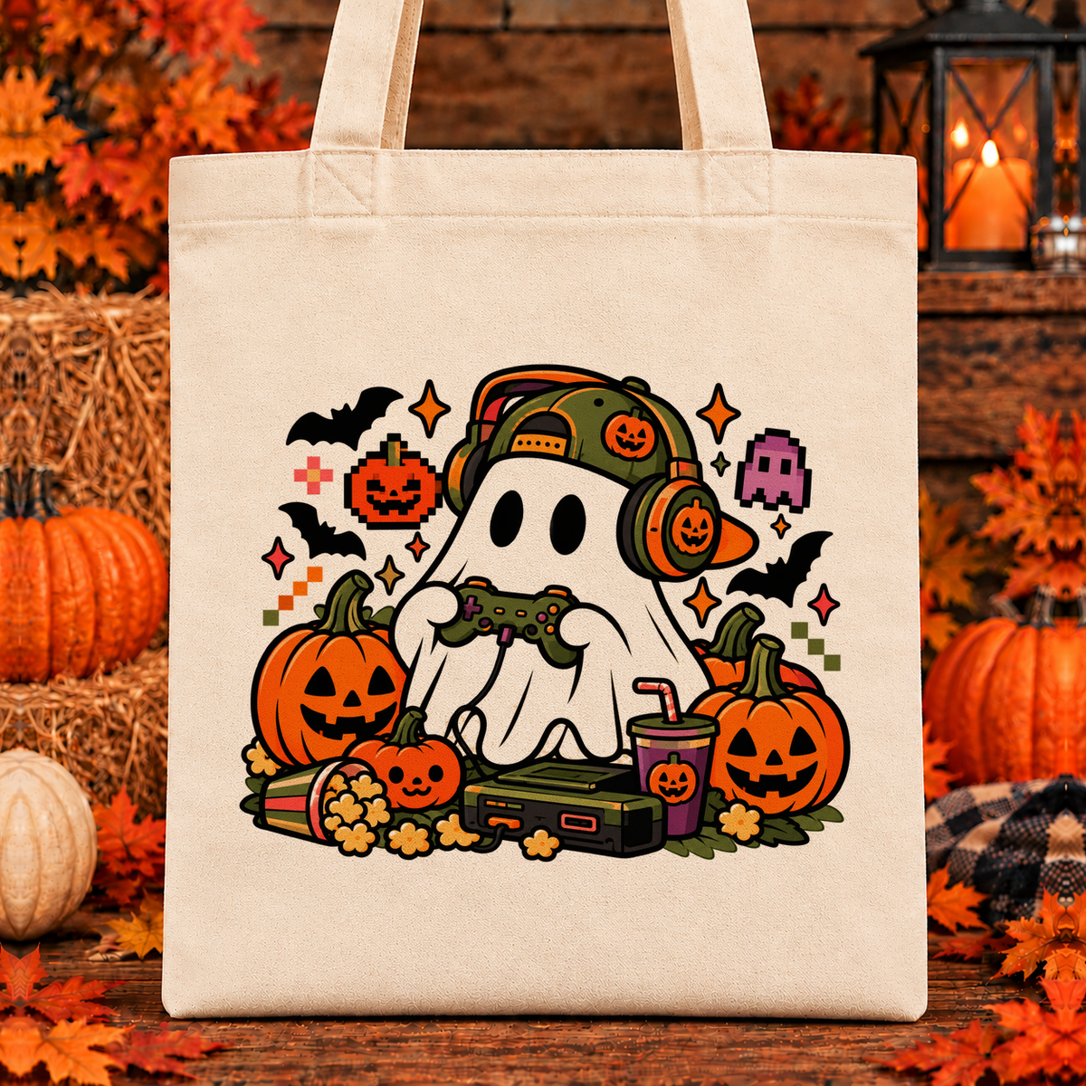 Halloween and Fall Tote Bags - Ghost Gamer design — 13 x 15 inch canvas tote; 11 inch artwork lowered to leave room for an optional name above