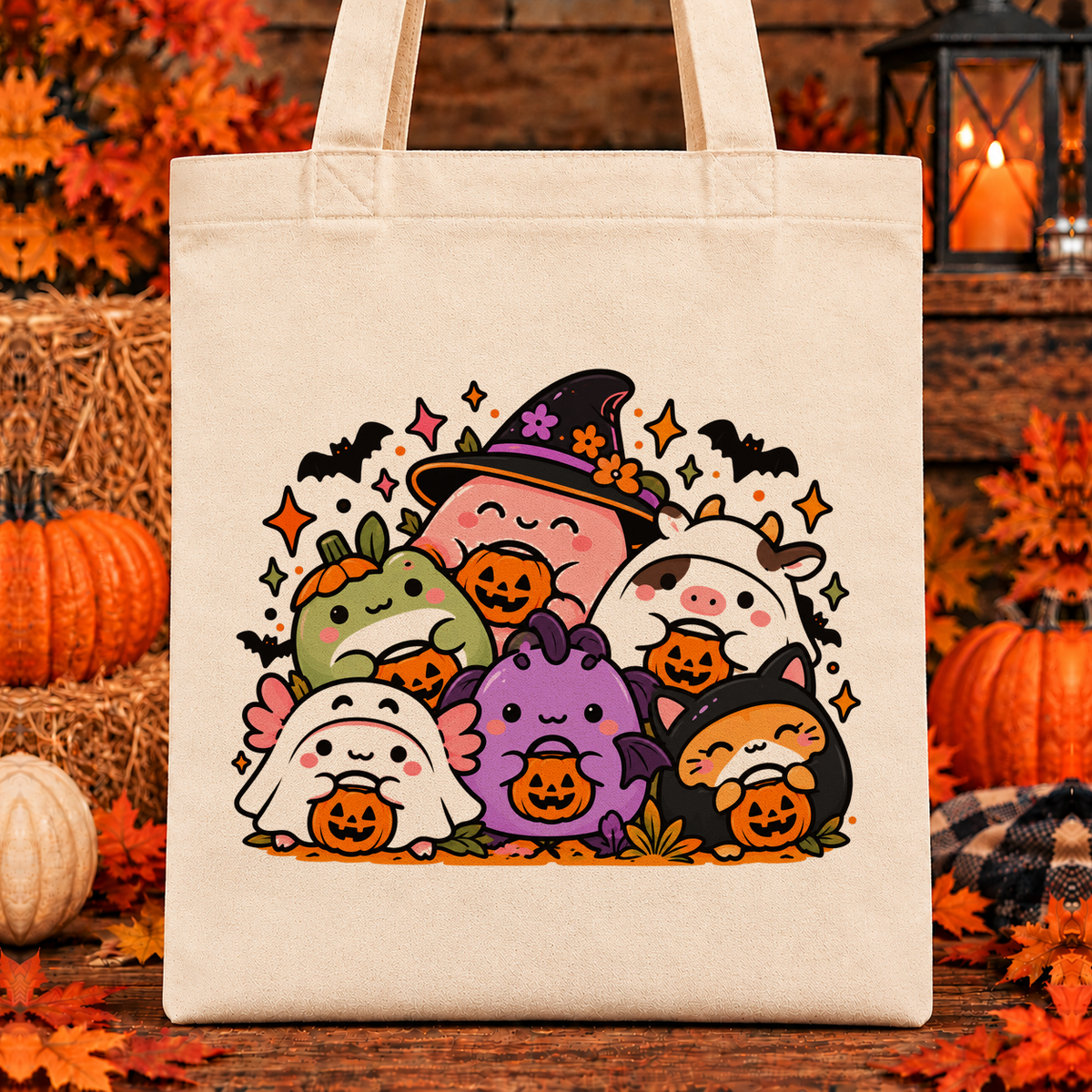 Halloween and Fall Tote Bags - Squishy Halloween Friends - Costume Crew design — 13 x 15 inch canvas tote; 11 inch artwork lowered to leave room for an optional name above