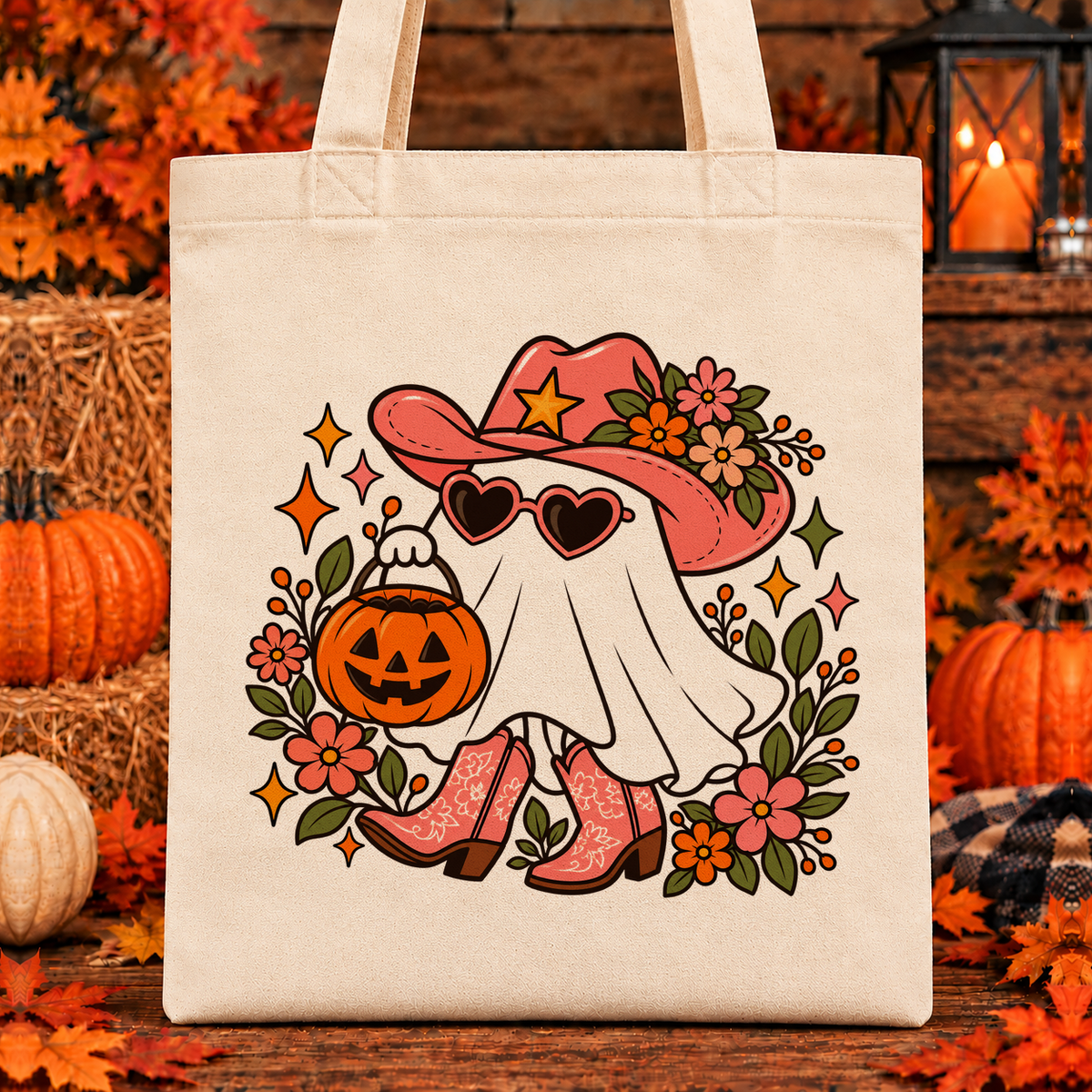 Halloween and Fall Tote Bags - Retro Cowgirl Ghost design — 13 x 15 inch canvas tote; 11 inch artwork lowered to leave room for an optional name above
