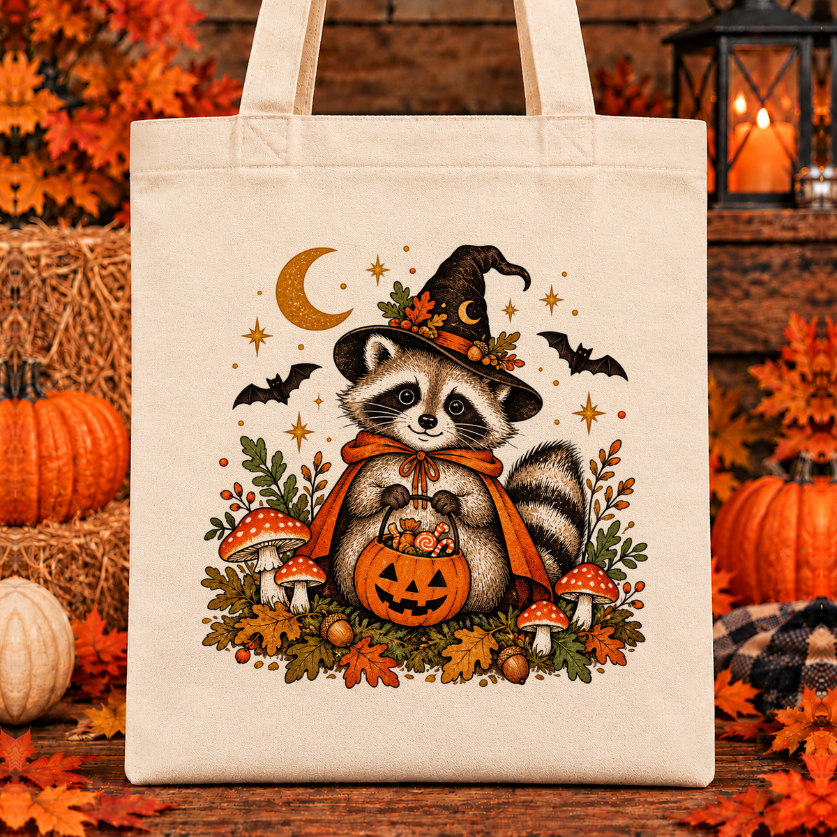 Halloween and Fall Tote Bags - Raccoon Witch design — 13 x 15 inch canvas tote; 11 inch artwork lowered to leave room for an optional name above