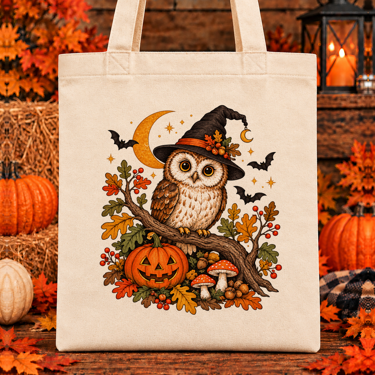 Halloween and Fall Tote Bags - Owl Witch design — 13 x 15 inch canvas tote; 11 inch artwork lowered to leave room for an optional name above