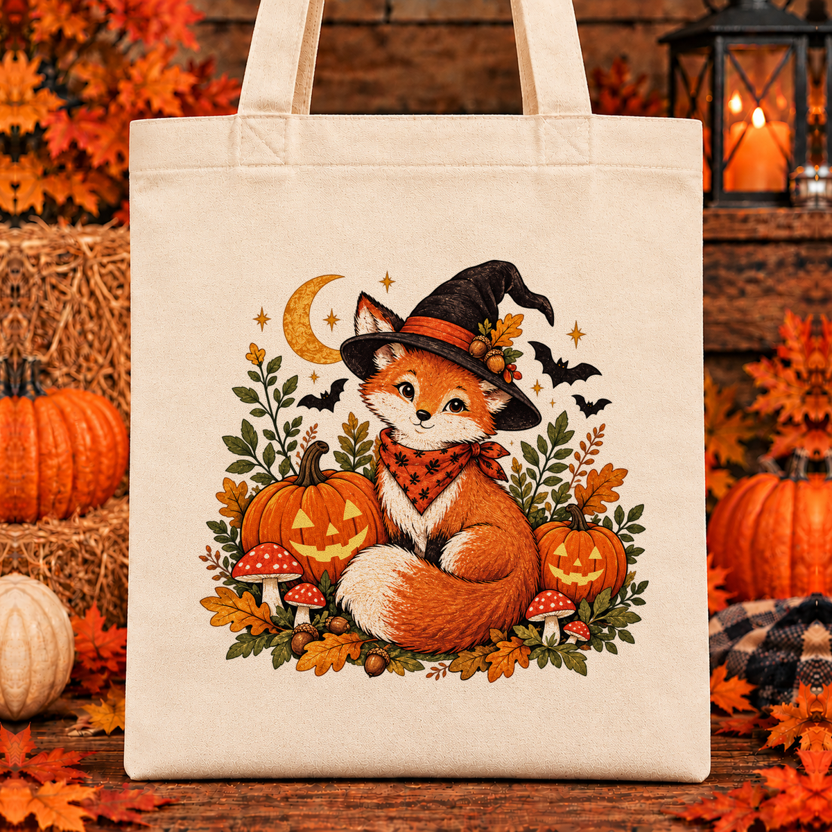 Halloween and Fall Tote Bags - Fox Witch design — 13 x 15 inch canvas tote; 11 inch artwork lowered to leave room for an optional name above