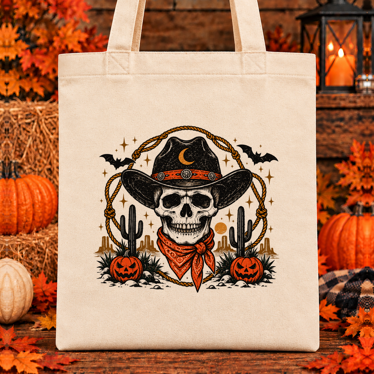 Halloween and Fall Tote Bags - Cowboy Skull design — 13 x 15 inch canvas tote; 11 inch artwork lowered to leave room for an optional name above