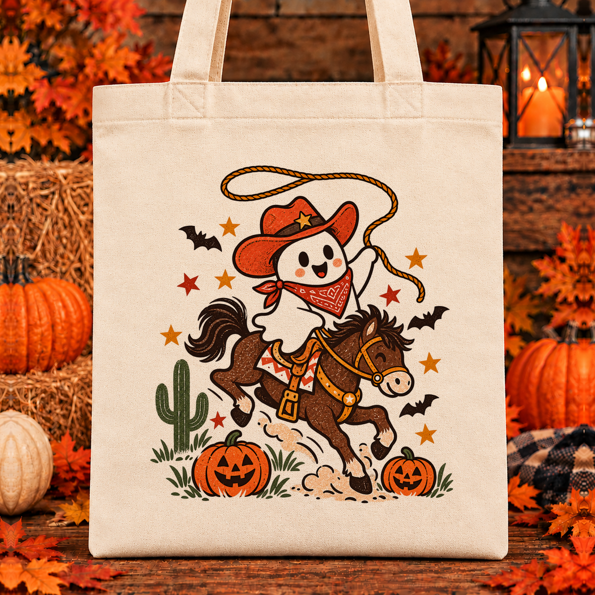 Halloween and Fall Tote Bags - Rodeo Ghost design — 13 x 15 inch canvas tote; 11 inch artwork lowered to leave room for an optional name above