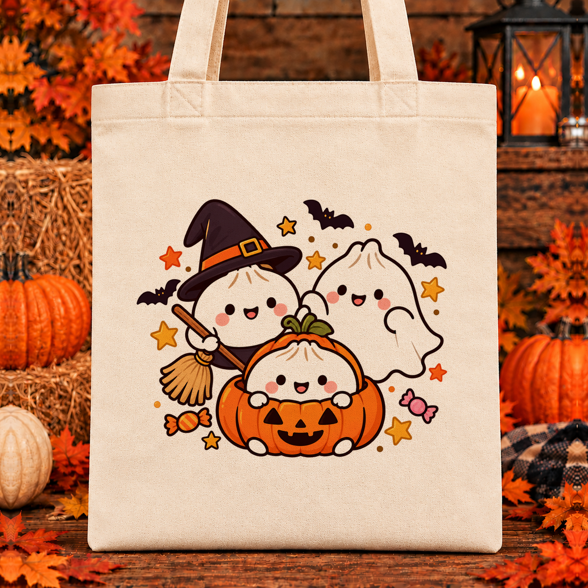 Halloween and Fall Tote Bags - Halloween Dumplings design — 13 x 15 inch canvas tote; 11 inch artwork lowered to leave room for an optional name above