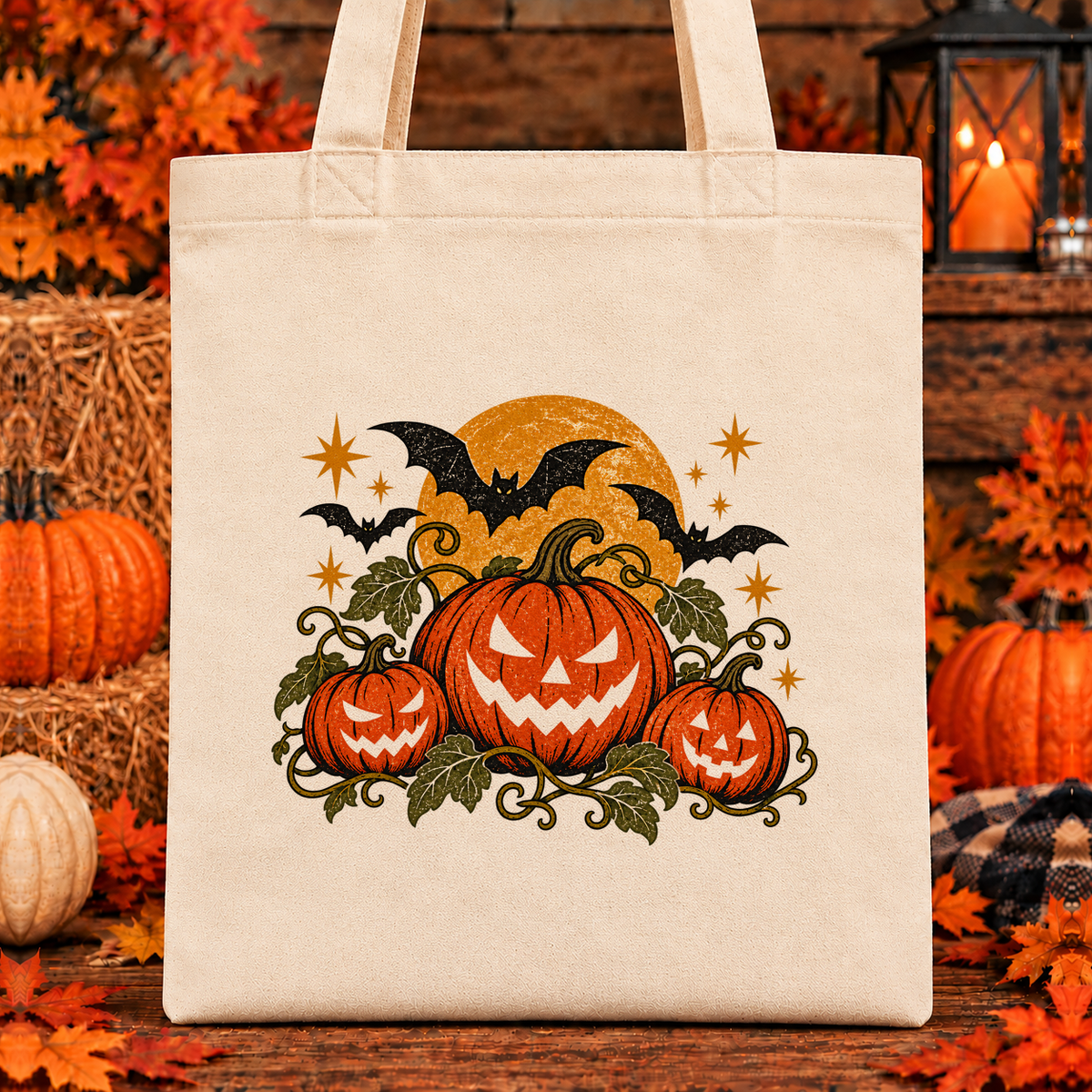 Halloween and Fall Tote Bags - Vintage Pumpkins and Bats design — 13 x 15 inch canvas tote; 11 inch artwork lowered to leave room for an optional name above