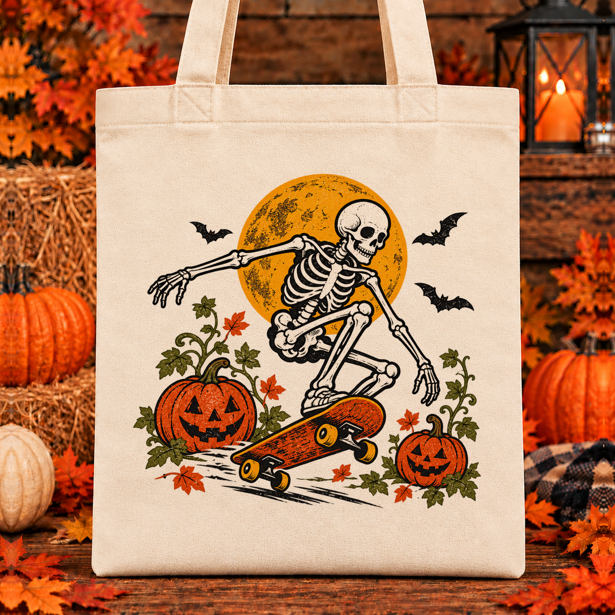 Halloween and Fall Tote Bags - Skeleton Skater design — 13 x 15 inch canvas tote; 11 inch artwork lowered to leave room for an optional name above