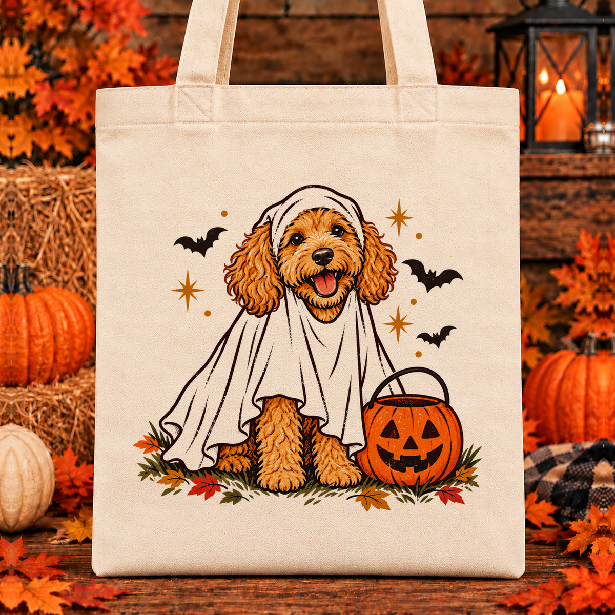 Halloween and Fall Tote Bags - Goldendoodle Ghost design — 13 x 15 inch canvas tote; 11 inch artwork lowered to leave room for an optional name above