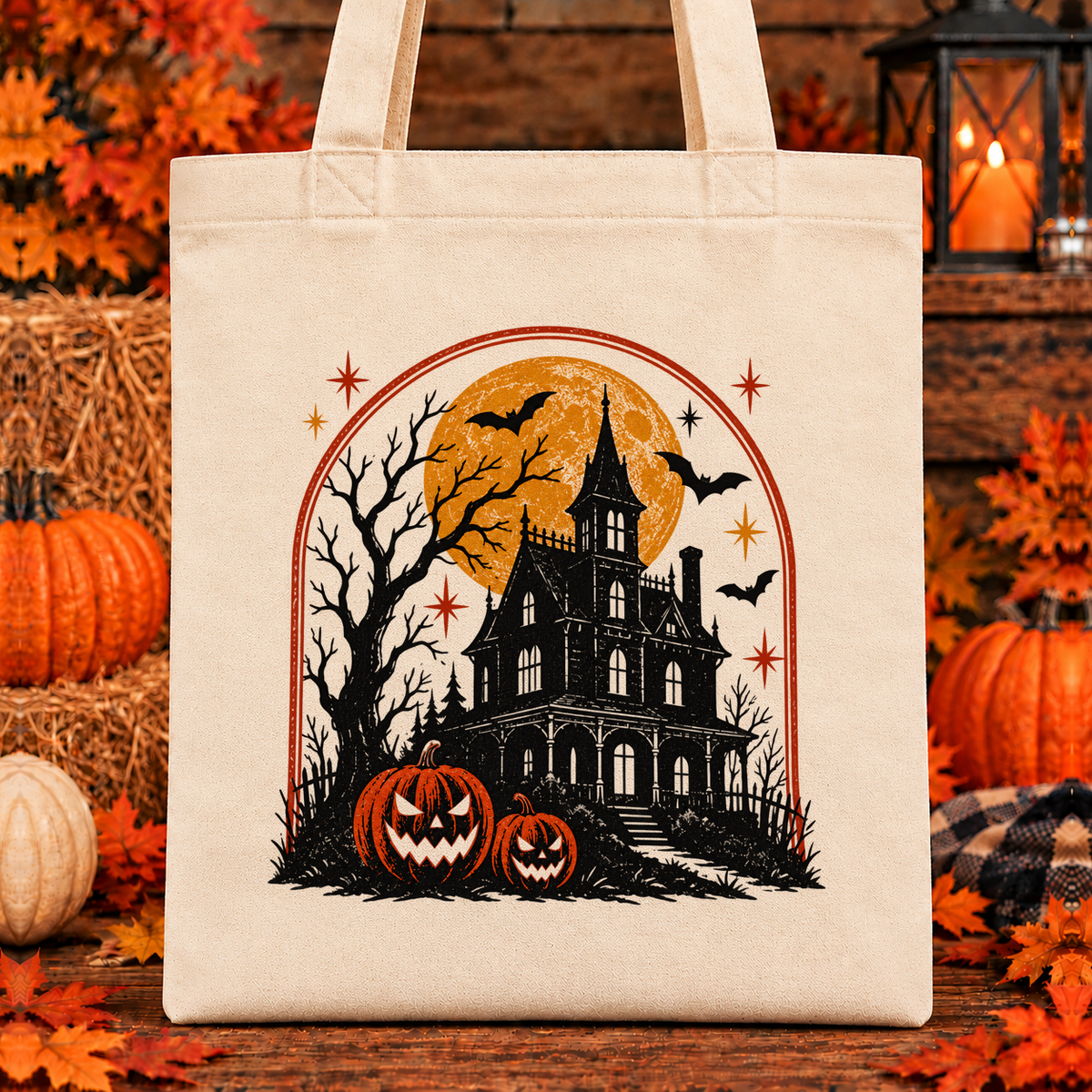 Halloween and Fall Tote Bags - Haunted House design — 13 x 15 inch canvas tote; 11 inch artwork lowered to leave room for an optional name above