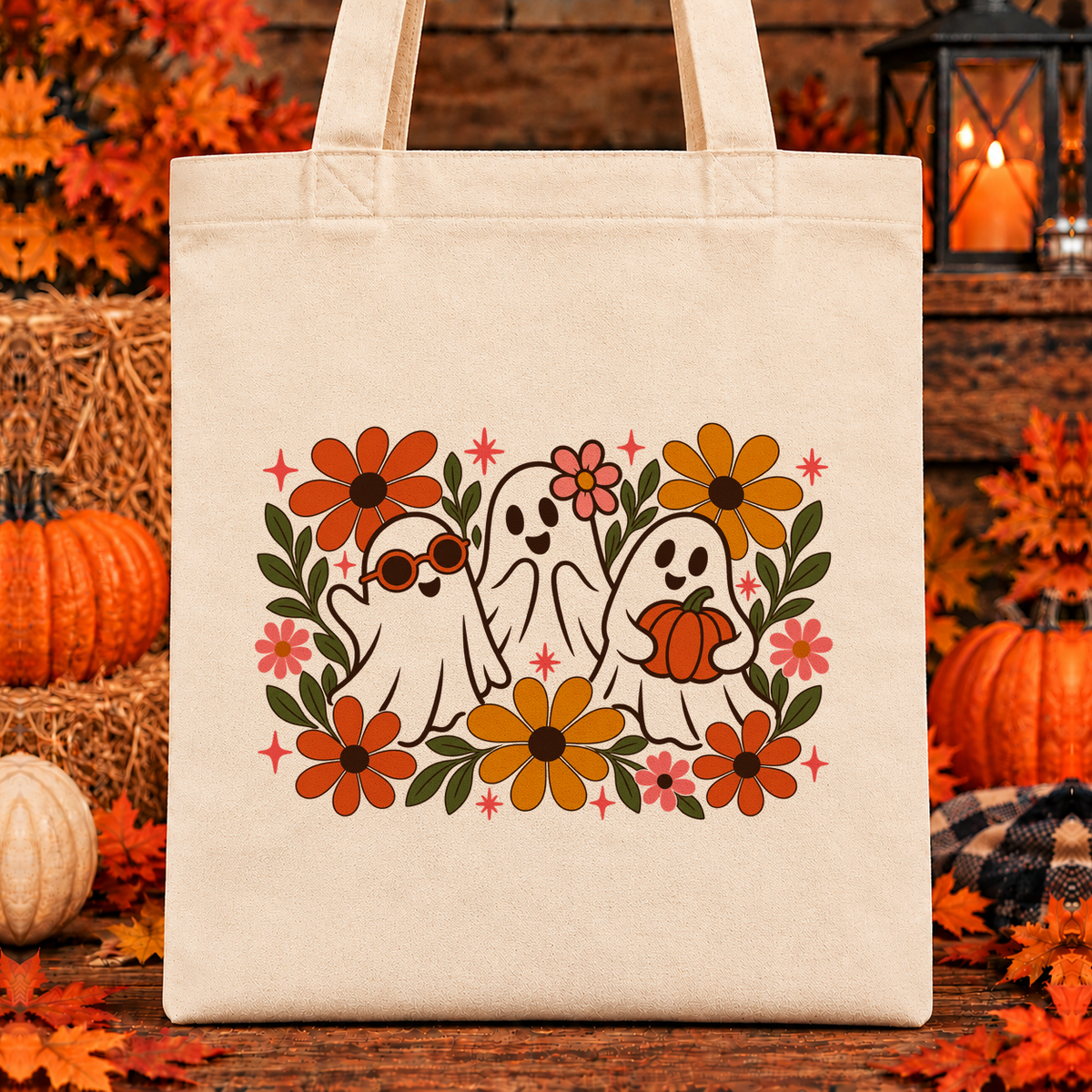 Halloween and Fall Tote Bags - Retro Floral Ghosts design — 13 x 15 inch canvas tote; 11 inch artwork lowered to leave room for an optional name above