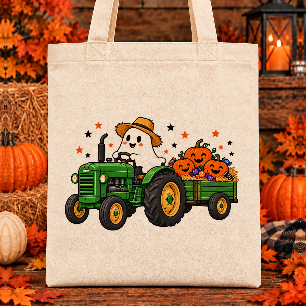 Halloween and Fall Tote Bags - Ghost Pumpkin Tractor design — 13 x 15 inch canvas tote; 11 inch artwork lowered to leave room for an optional name above