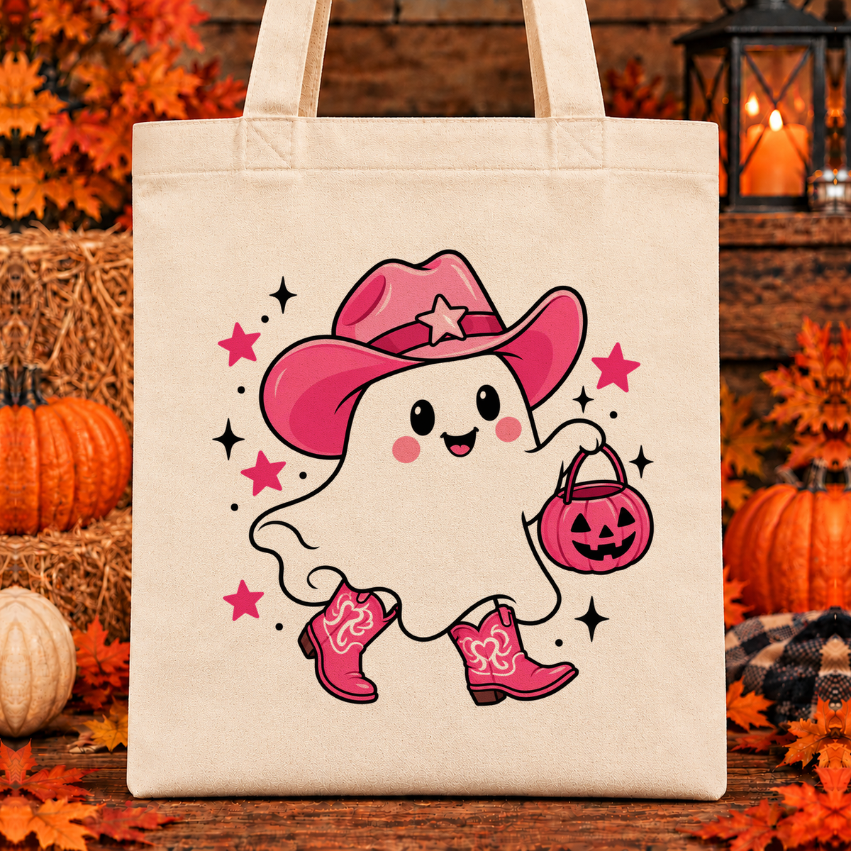 Halloween and Fall Tote Bags - Pink Cowgirl Ghost design — 13 x 15 inch canvas tote; 11 inch artwork lowered to leave room for an optional name above