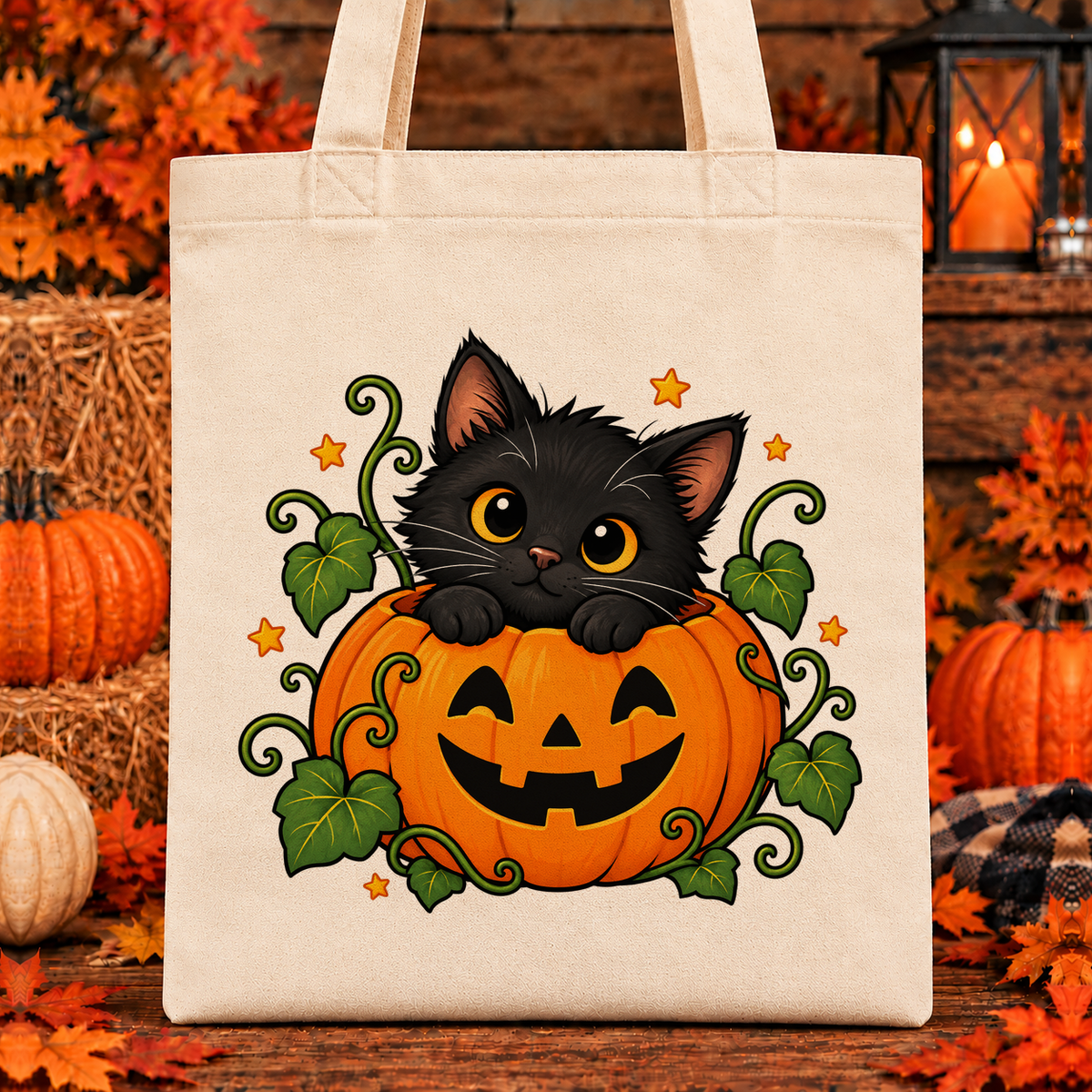 Halloween and Fall Tote Bags - Kitten in a Pumpkin design — 13 x 15 inch canvas tote; 11 inch artwork lowered to leave room for an optional name above