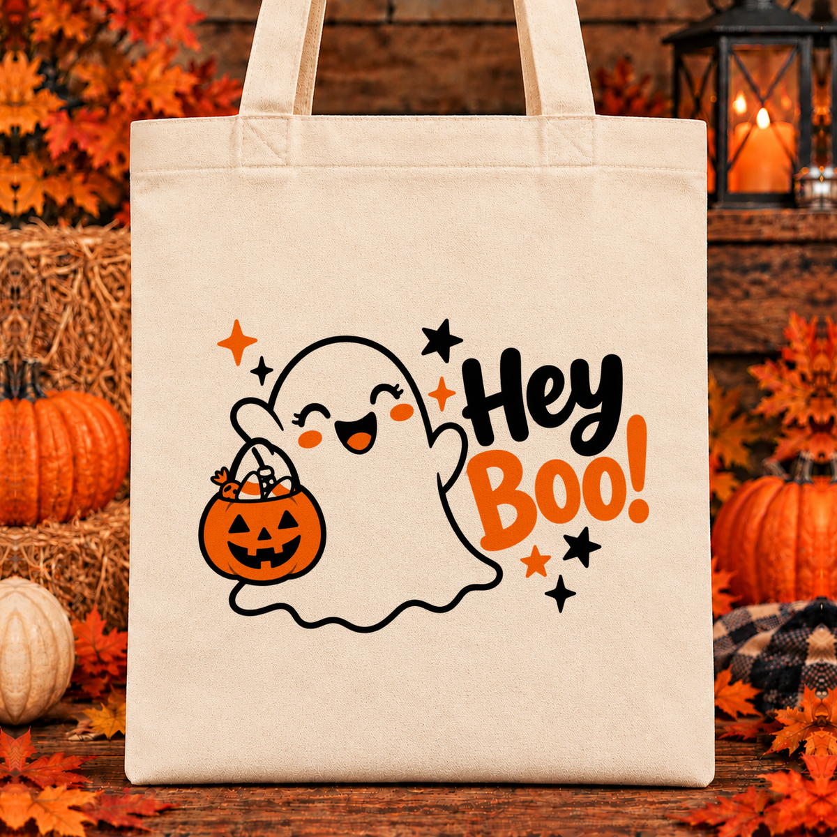 Halloween and Fall Tote Bags - Hey Boo! design — 13 x 15 inch canvas tote; 11 inch artwork lowered to leave room for an optional name above