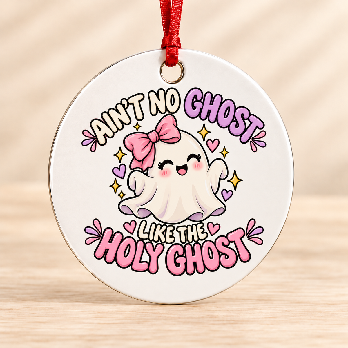 Ain’t No Ghost Like the Holy Ghost – Pink Bow — Round Metal Ornament