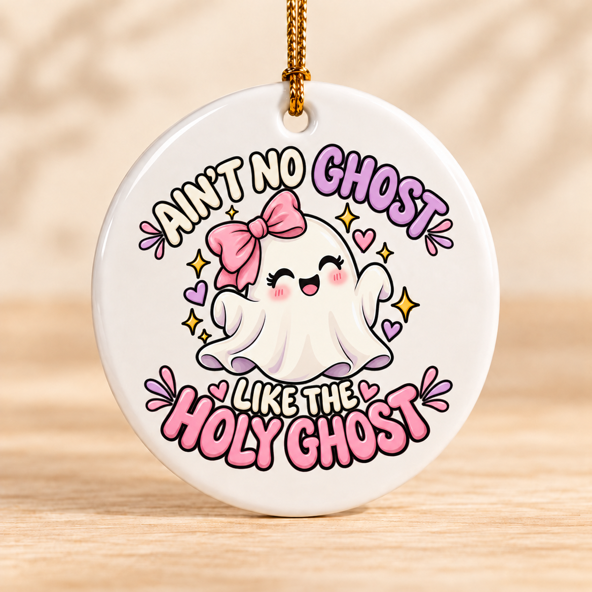 Ain’t No Ghost Like the Holy Ghost – Pink Bow — Round Ceramic Ornament