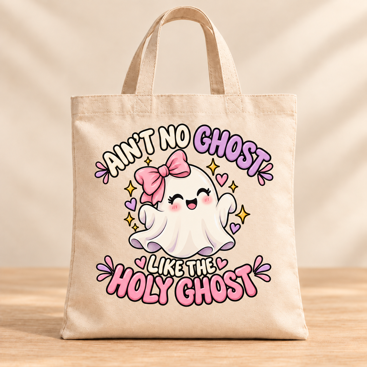 Ain’t No Ghost Like the Holy Ghost – Pink Bow — Beige Canvas Tote Bag