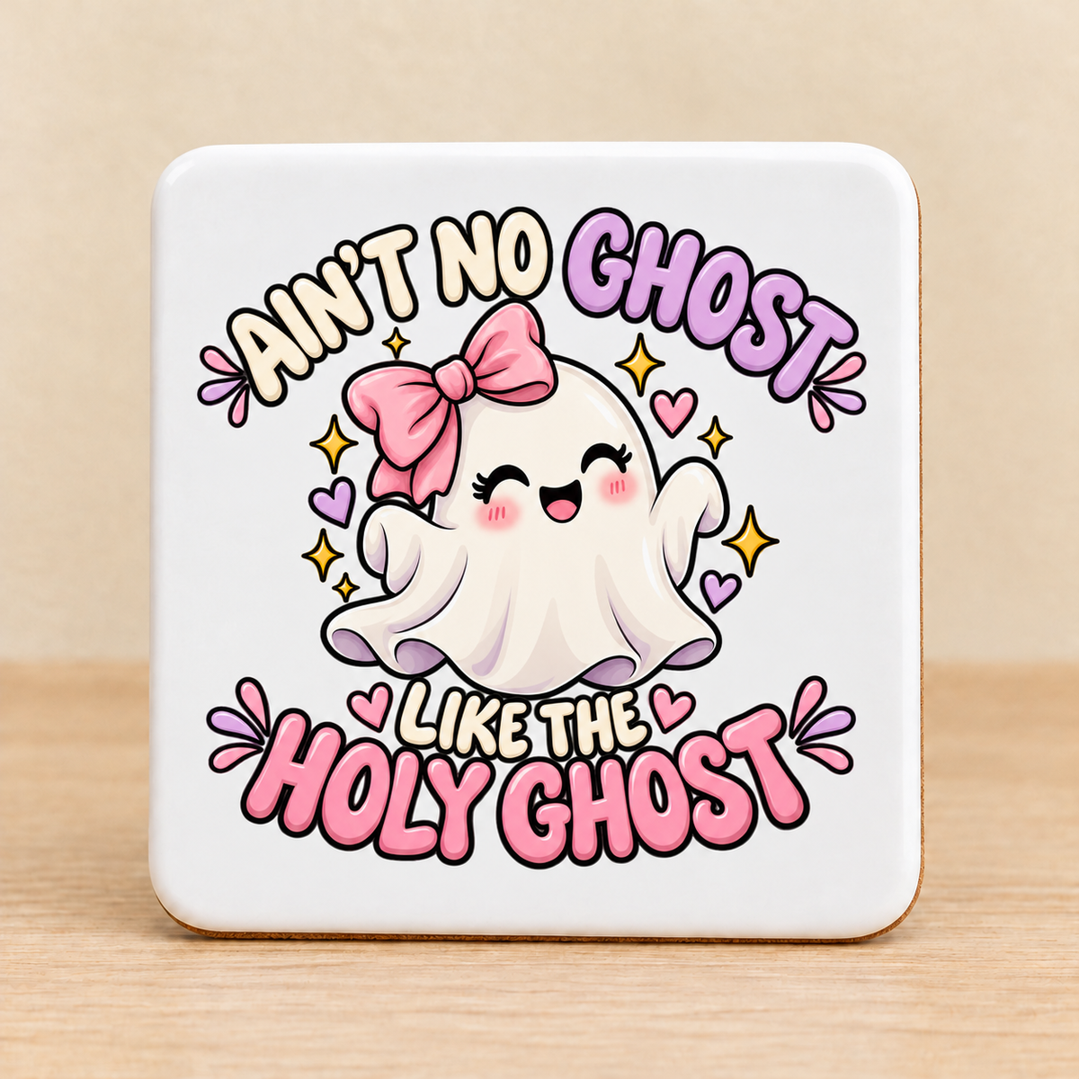 Ain’t No Ghost Like the Holy Ghost – Pink Bow — Square Ceramic Coaster