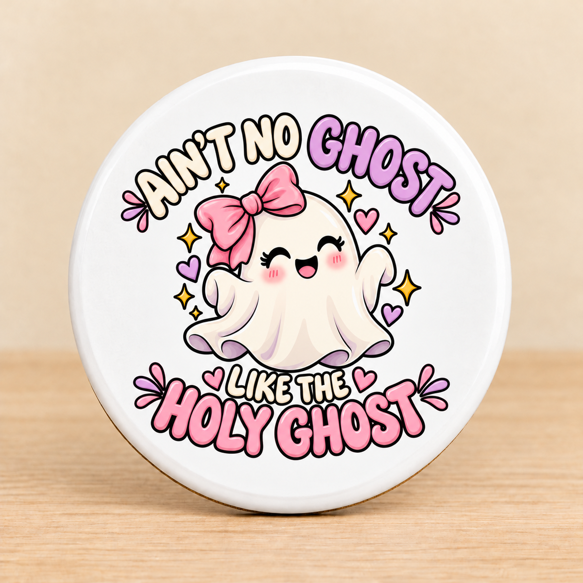 Ain’t No Ghost Like the Holy Ghost – Pink Bow — Round Ceramic Coaster