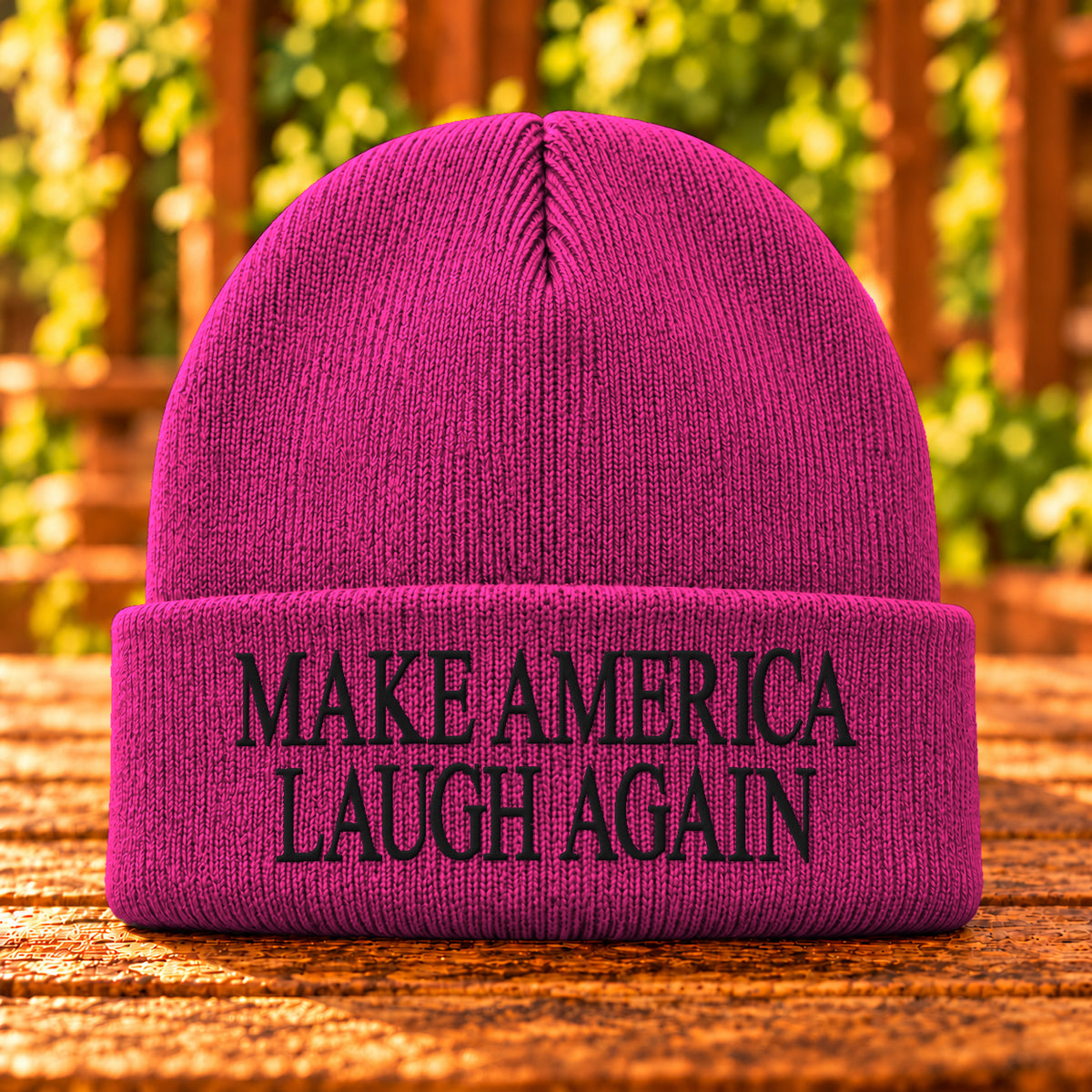 Make America Laugh Again embroidered Neon Pink Glo beanie, Black thread