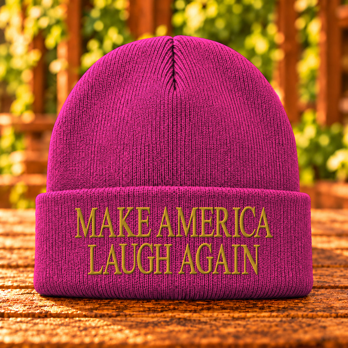 Make America Laugh Again embroidered Neon Pink Glo beanie, Gold thread