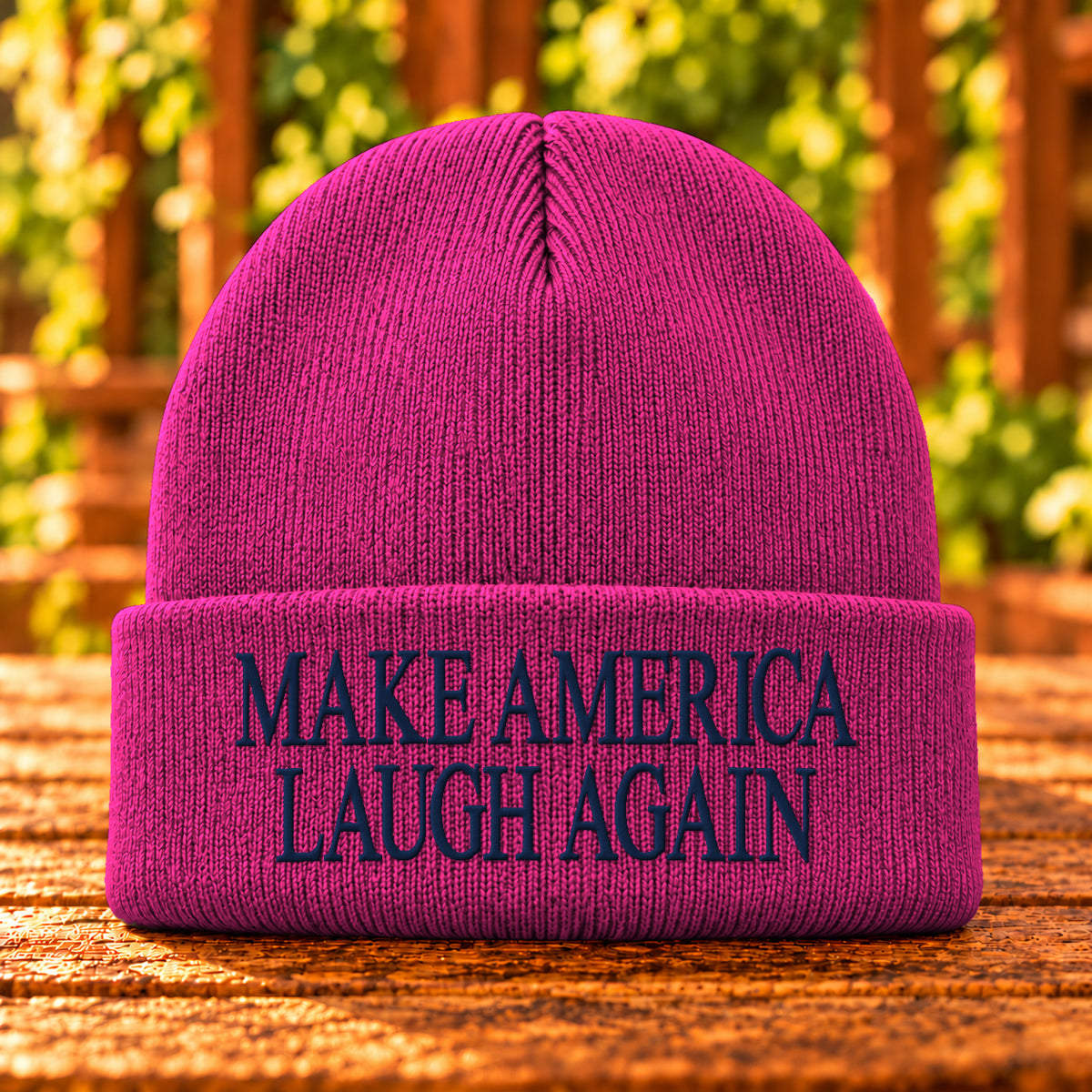 Make America Laugh Again embroidered Neon Pink Glo beanie, Navy thread