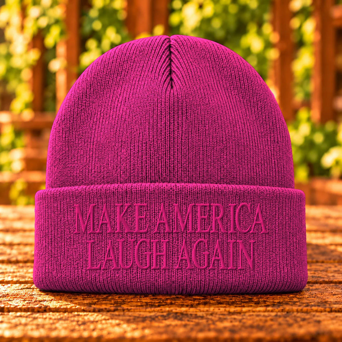 Make America Laugh Again embroidered Neon Pink Glo beanie, Hot Pink thread