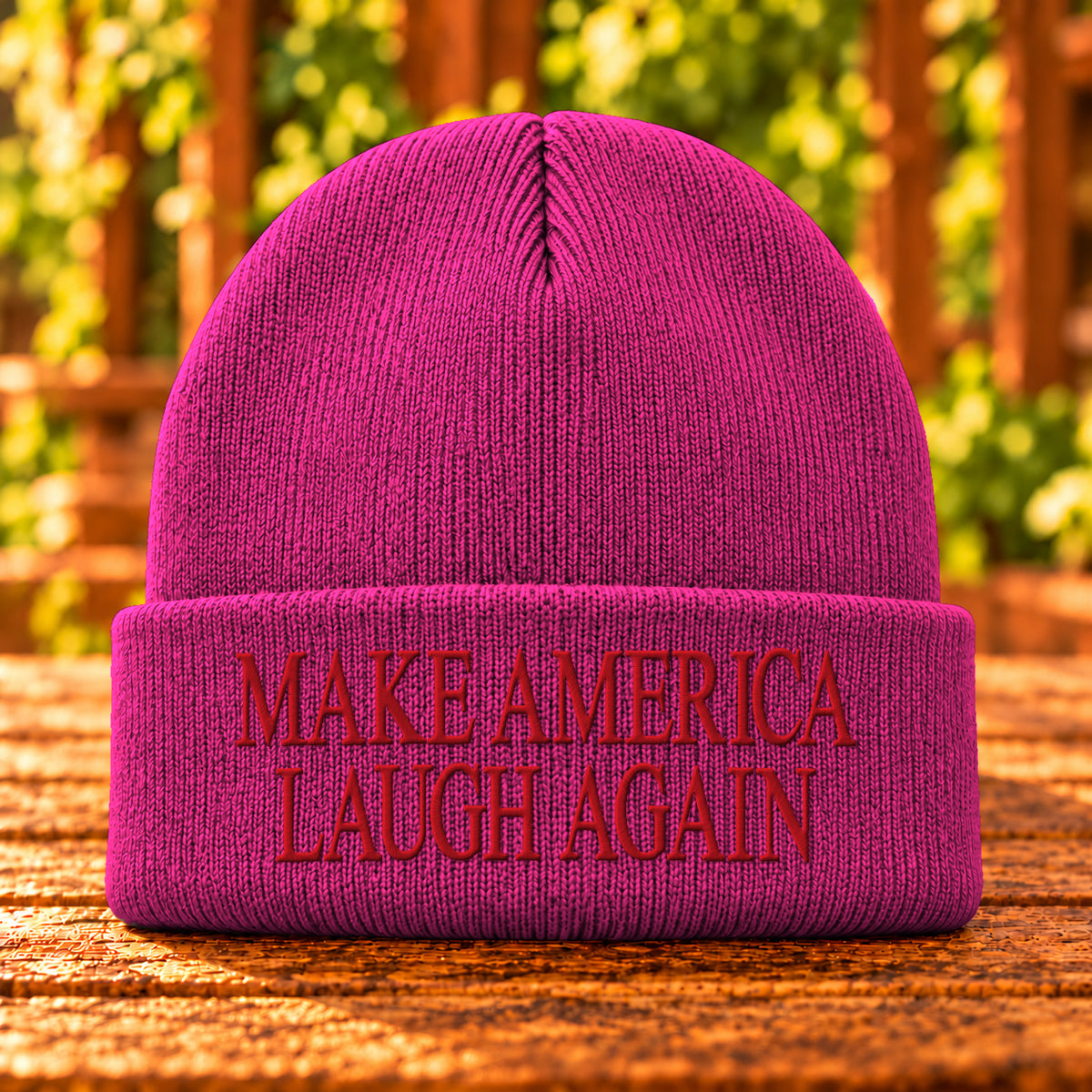 Make America Laugh Again embroidered Neon Pink Glo beanie, Red thread