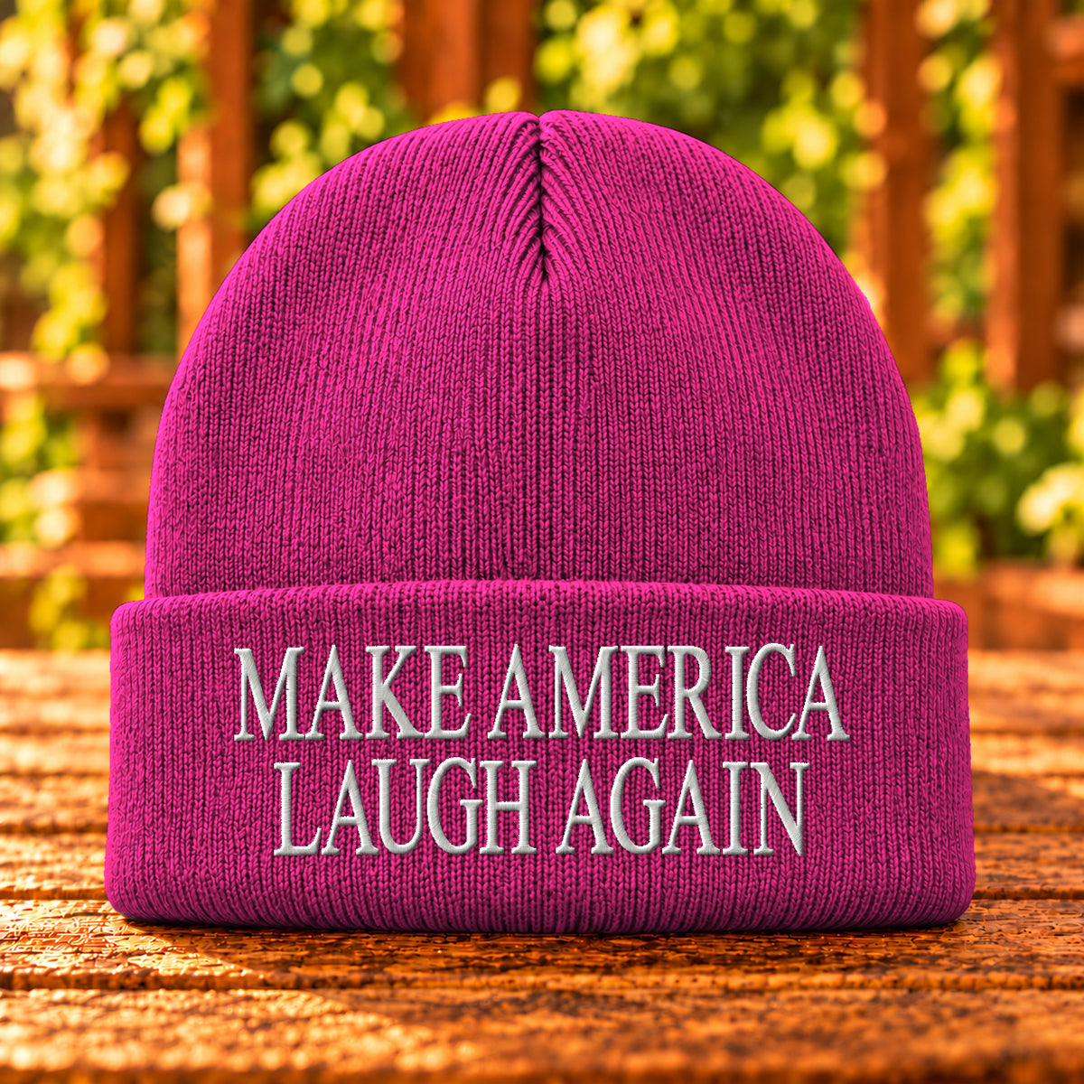 Make America Laugh Again embroidered Neon Pink Glo beanie, White thread