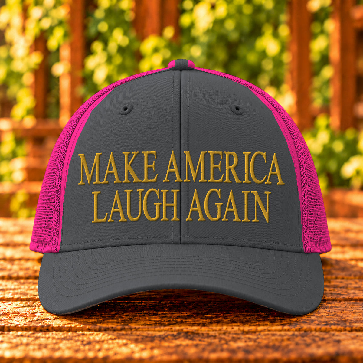 Make America Laugh Again embroidered Charcoal/Neon Pink trucker, Gold thread