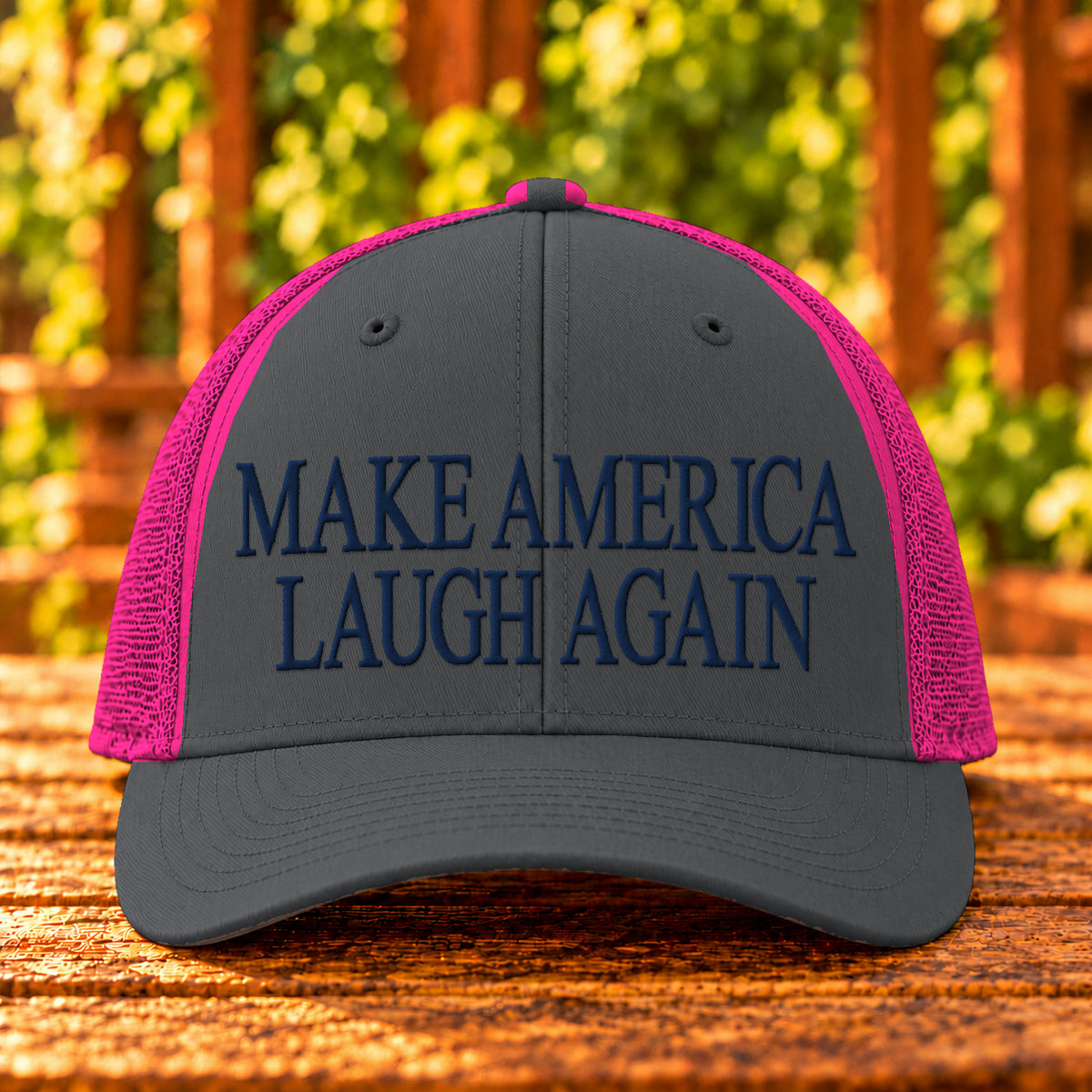 Make America Laugh Again embroidered Charcoal/Neon Pink trucker, Navy thread