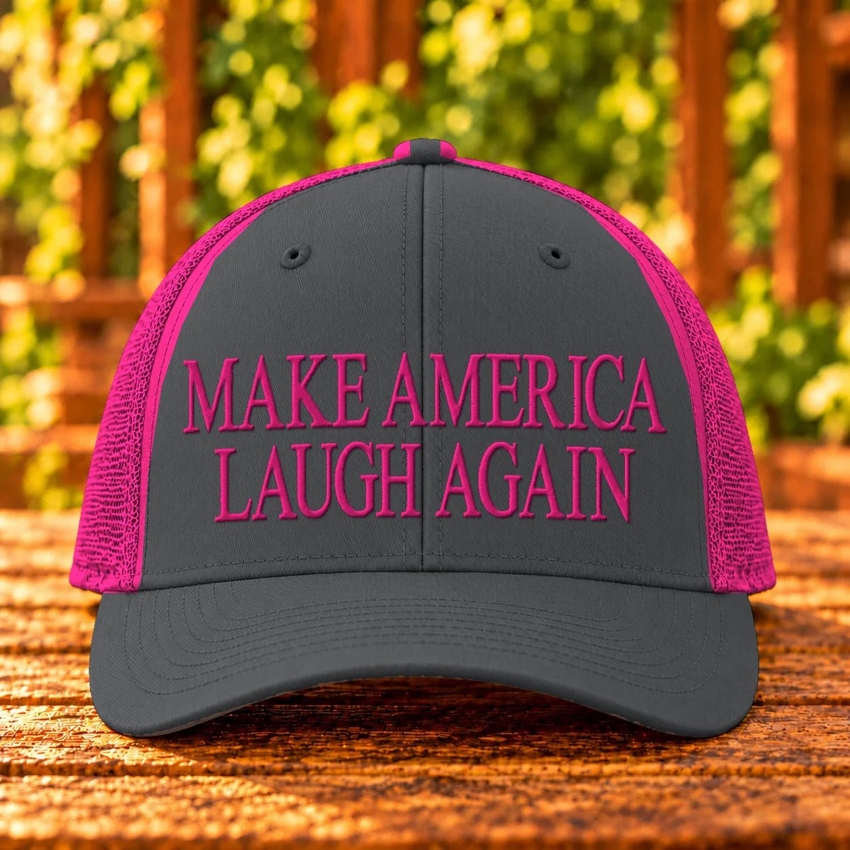 Make America Laugh Again embroidered Charcoal/Neon Pink trucker, Hot Pink thread