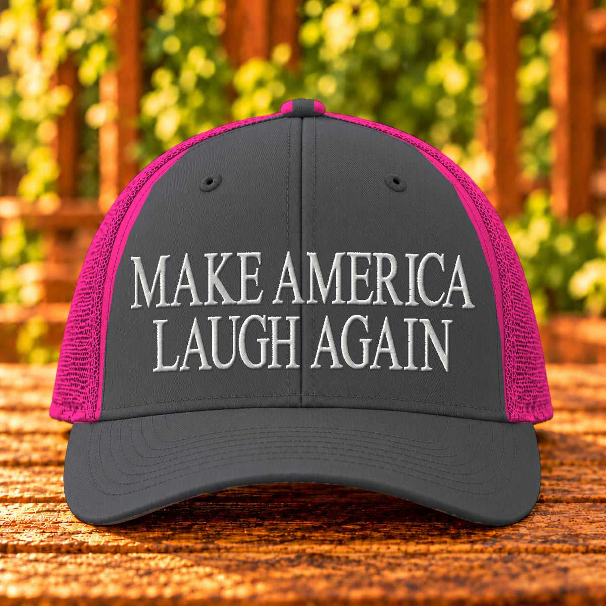 Make America Laugh Again embroidered Charcoal/Neon Pink trucker, White thread