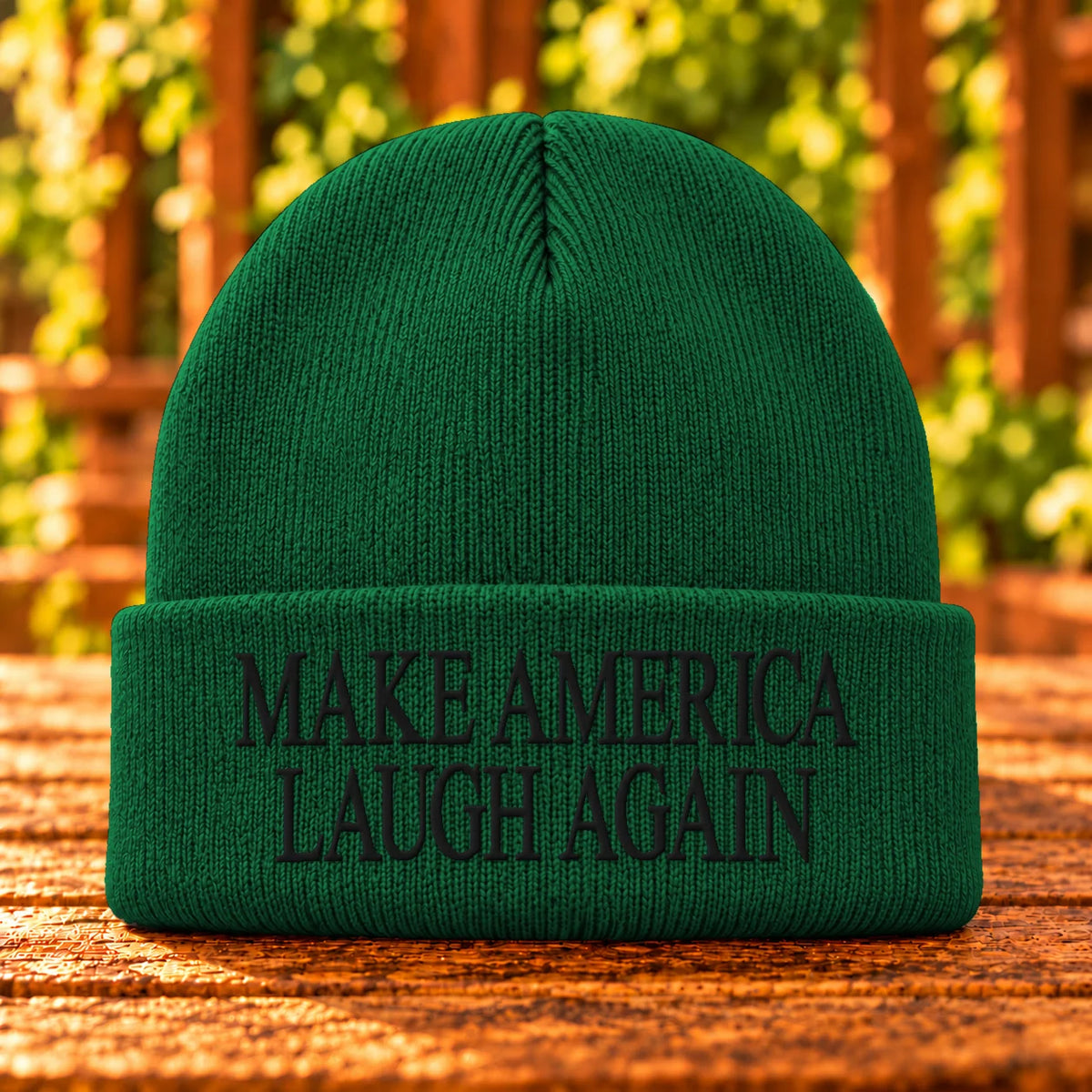 Make America Laugh Again — Athletic Green beanie with Black embroidery