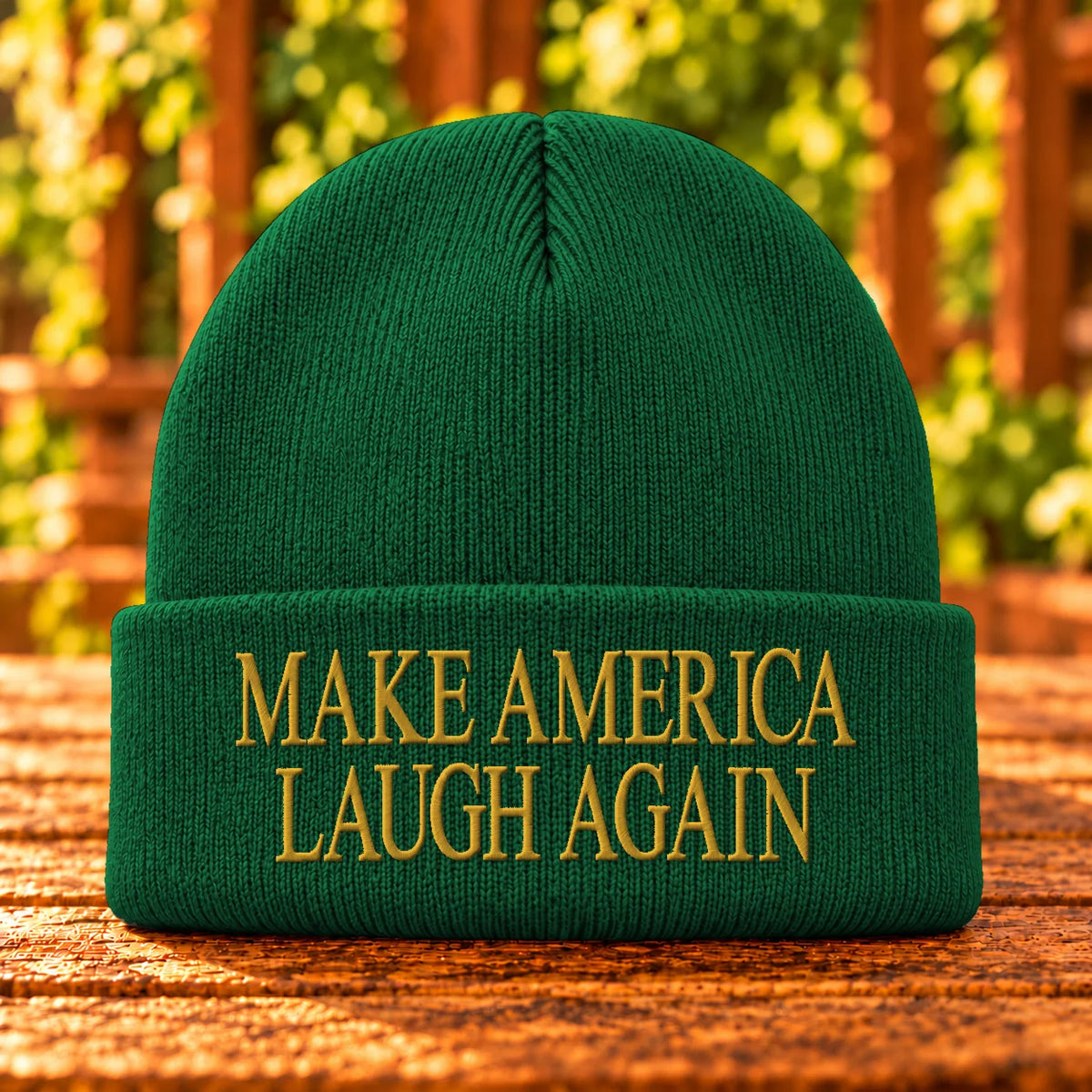 Make America Laugh Again — Athletic Green beanie with Gold embroidery