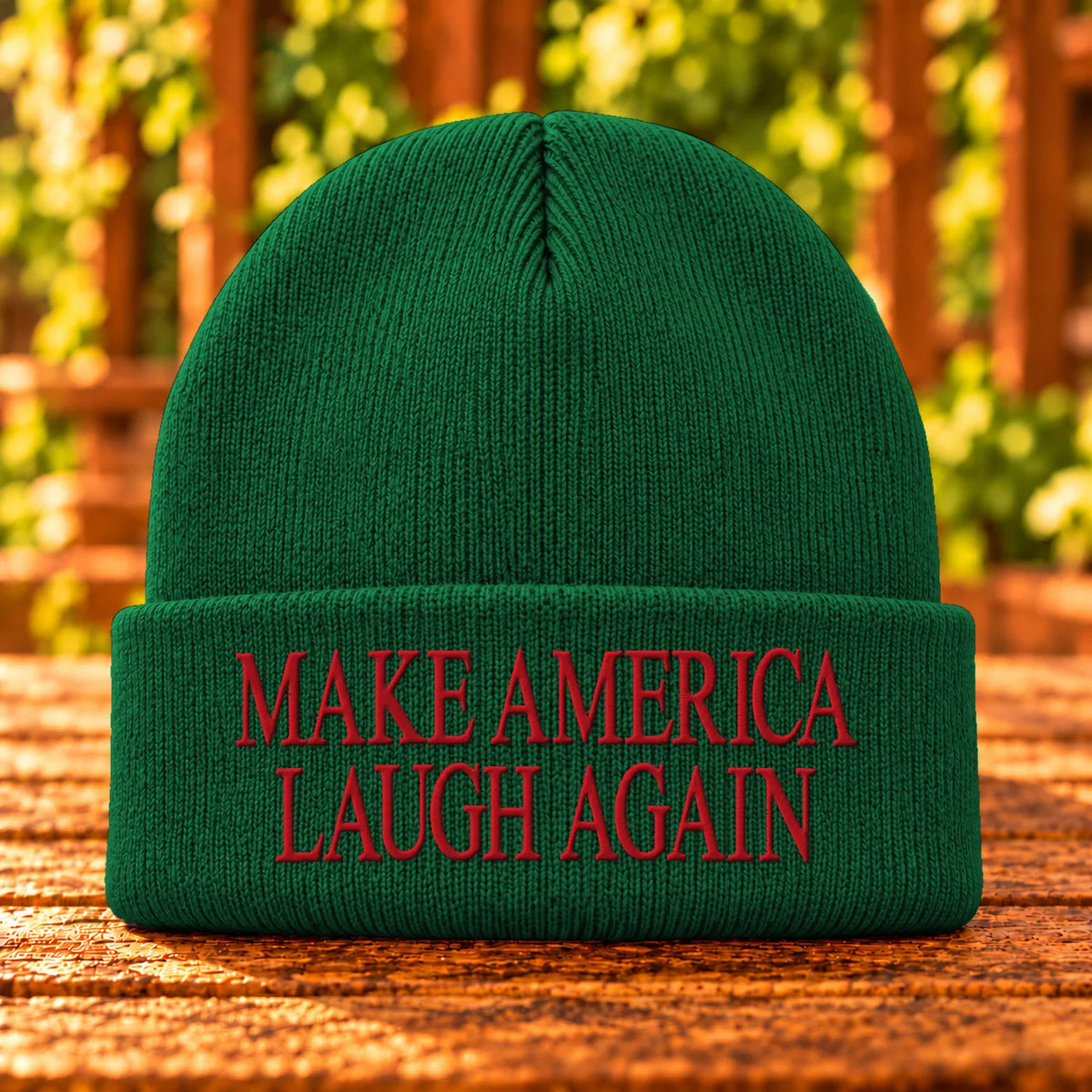 Make America Laugh Again — Athletic Green beanie with Red embroidery